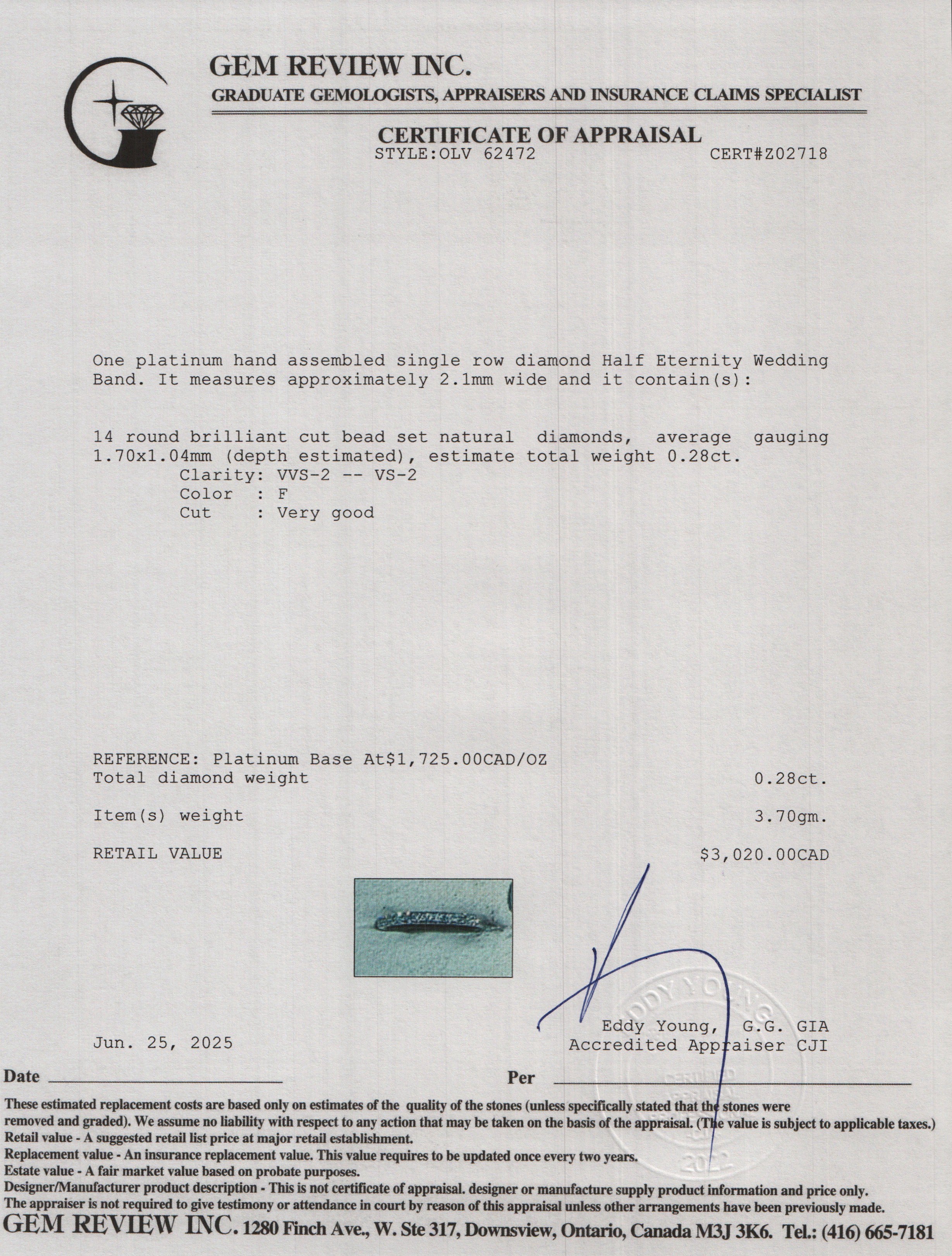 Platinum Diamond Half Eternity Wedding Band Ring, Size 6