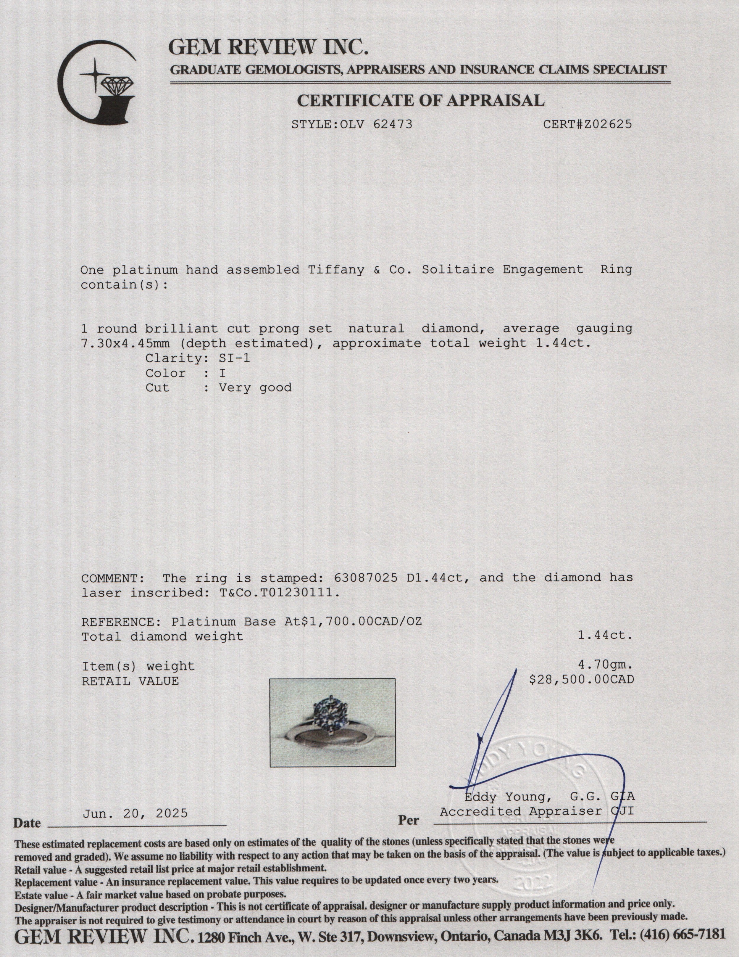 Tiffany & Co. Platinum 1.44 ct. Diamond Solitaire Engagement Ring, Size 5.5