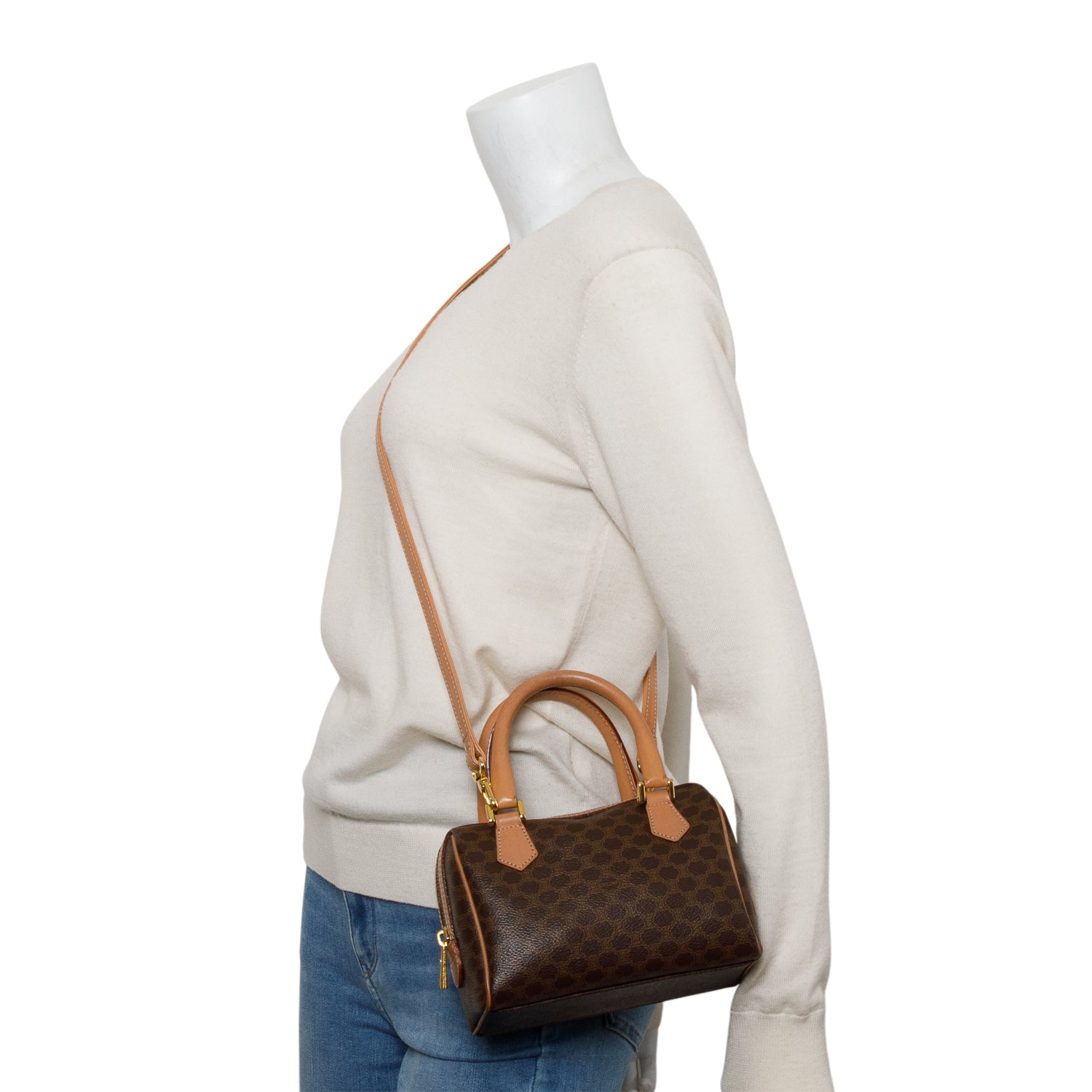 Celine Brown Triomphe Canvas Small Boston Bag w/ Strap
