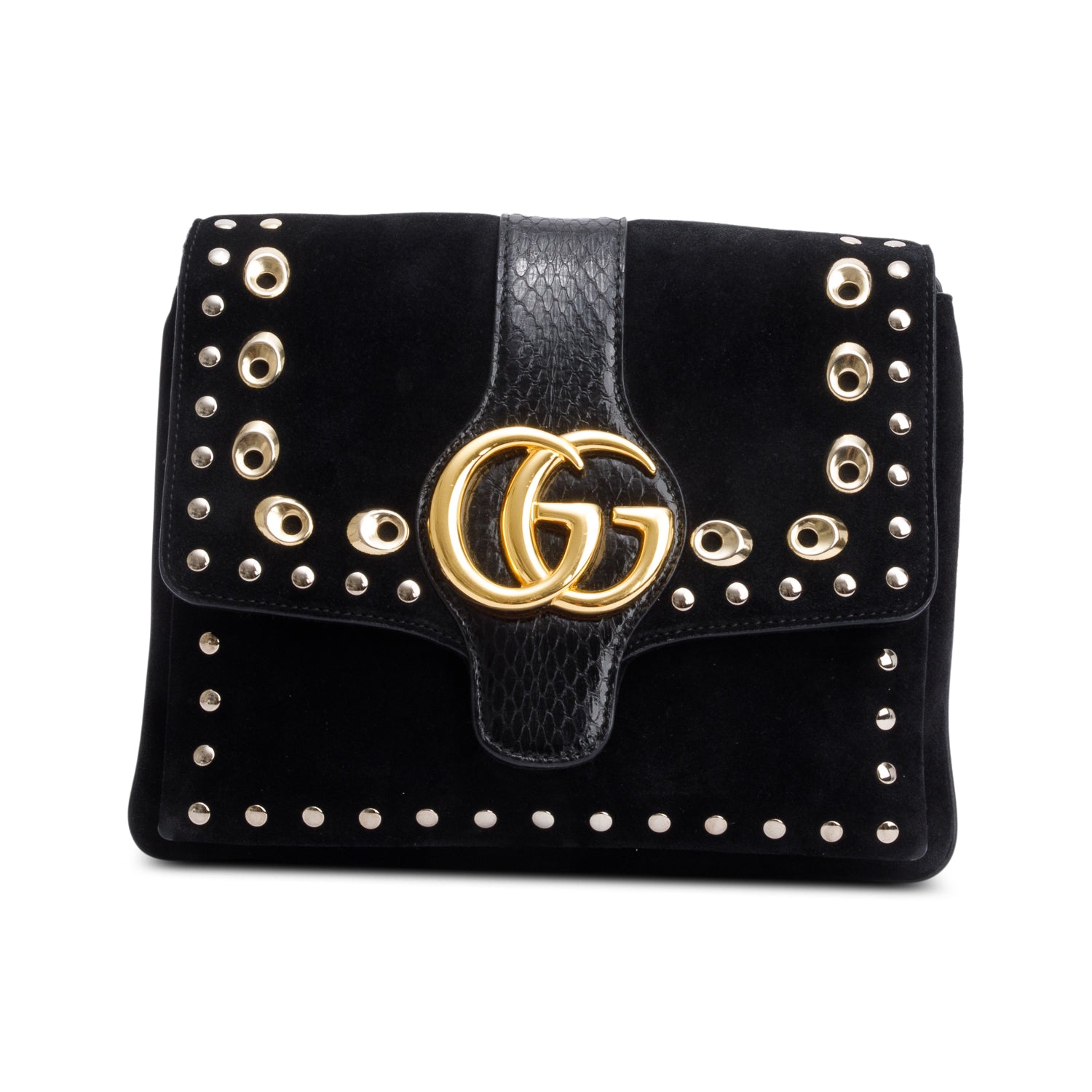 Gucci Black Suede Python Trim Studded Medium Arli Flap Crossbody Bag