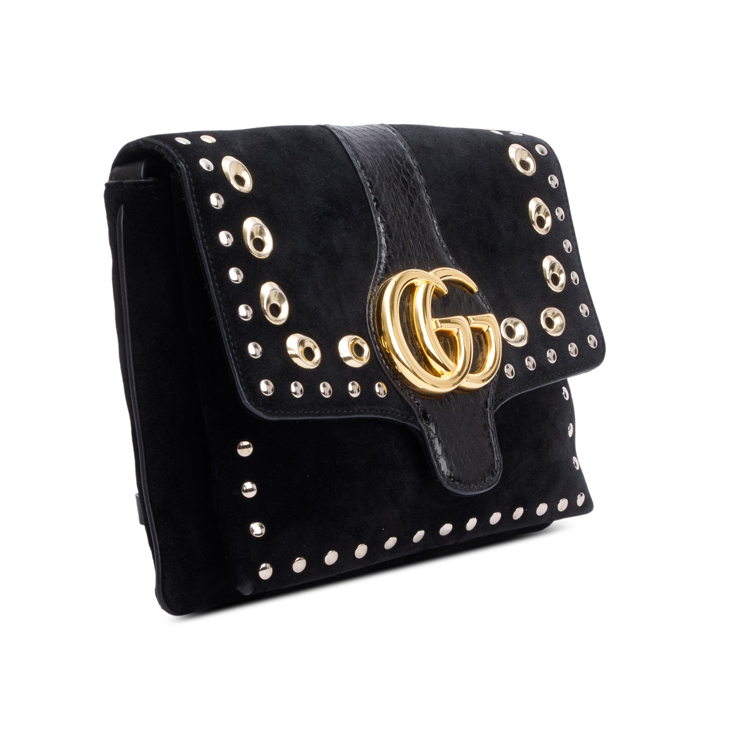 Gucci Black Suede Python Trim Studded Medium Arli Flap Crossbody Bag