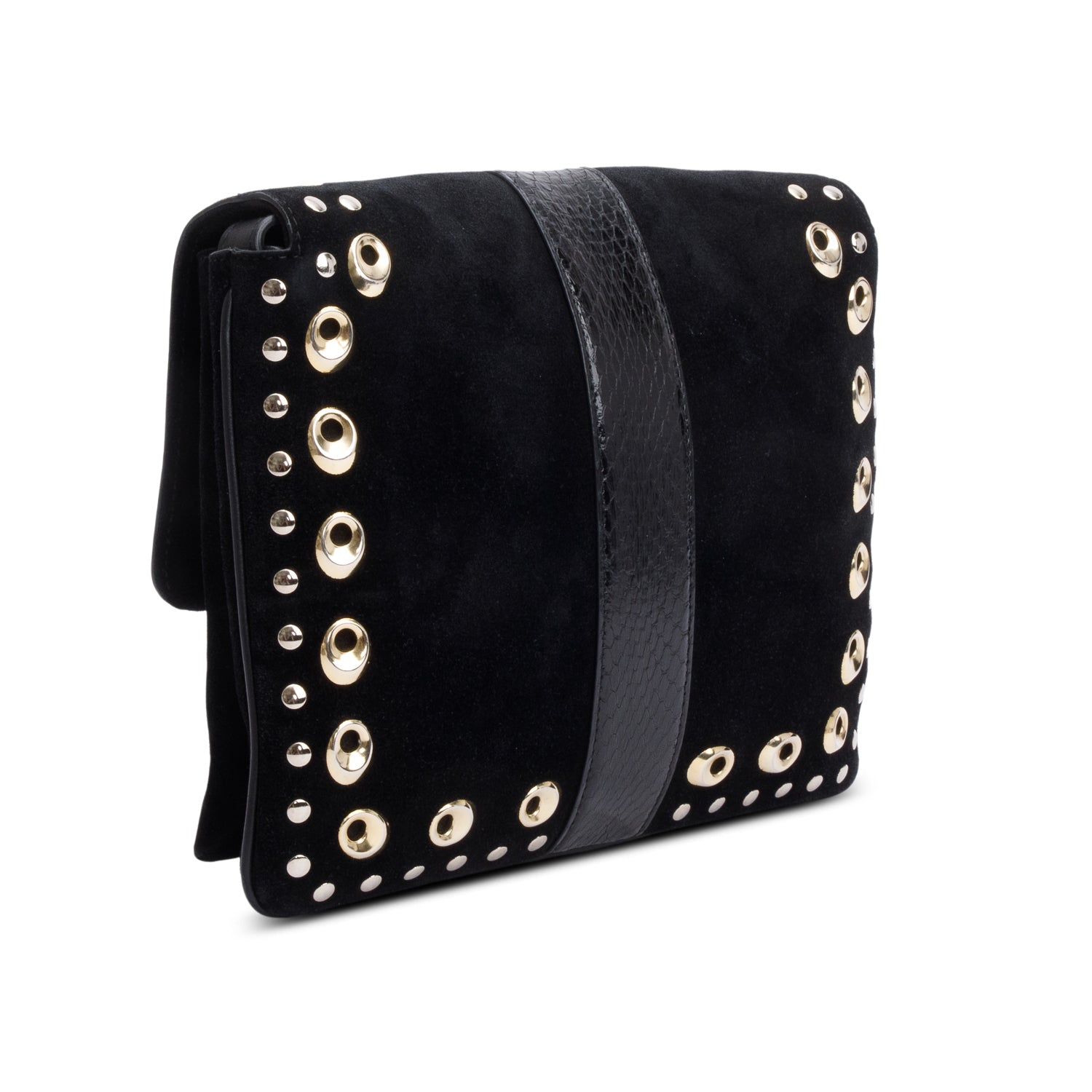 Gucci Black Suede Python Trim Studded Medium Arli Flap Crossbody Bag