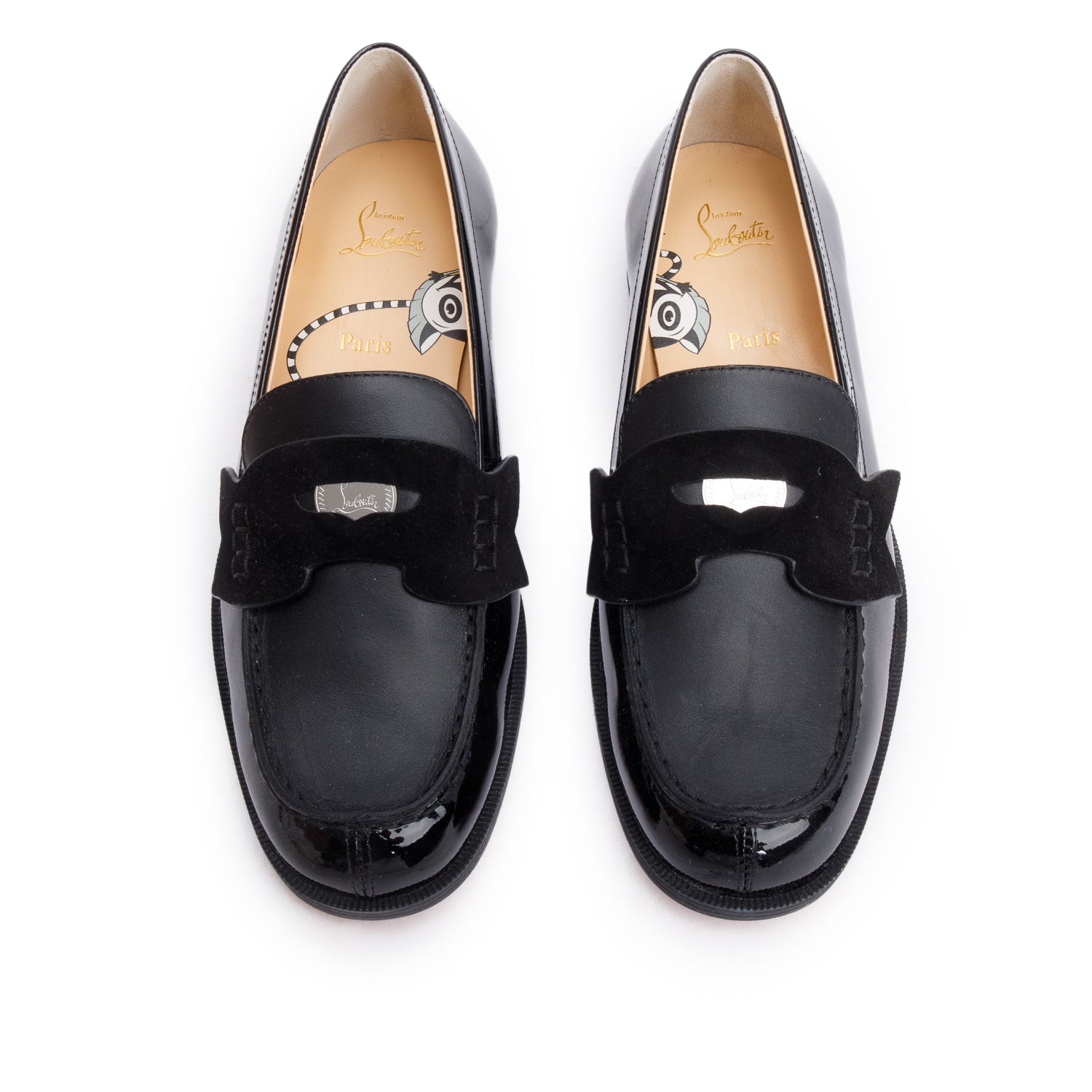 Christian Louboutin Black Patent Leather Suede Mini Penny Flat Shoes, Size 35 w/ Box