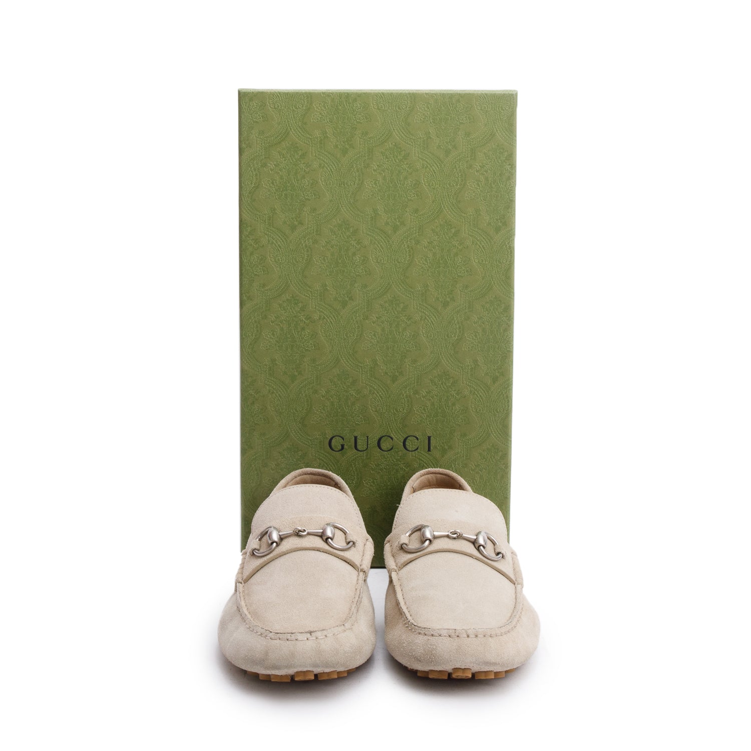 Gucci Grey Suede Horsebit Accent Driver Loafers, Men's Size 9 w/ Box