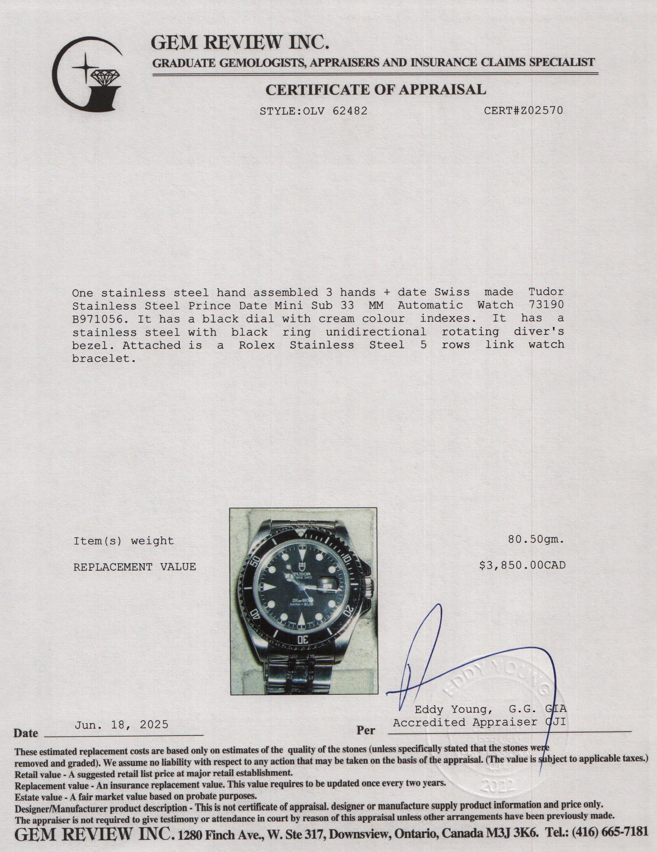 Tudor Stainless Steel Prince Date Mini Sub 33 MM Automatic Watch 73190