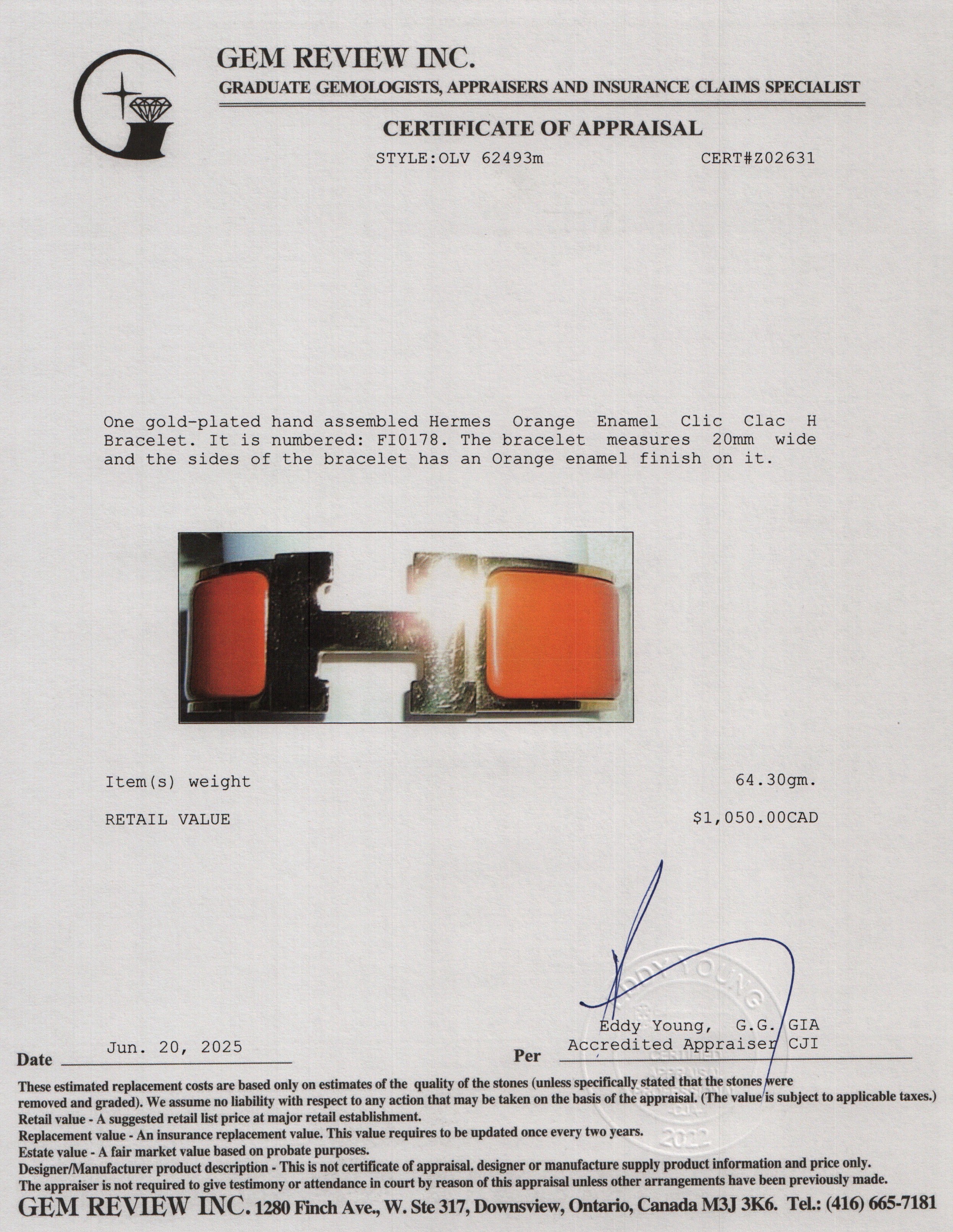 Hermes Gold-Plated Orange Enamel Clic Clac H Bracelet w/ Box