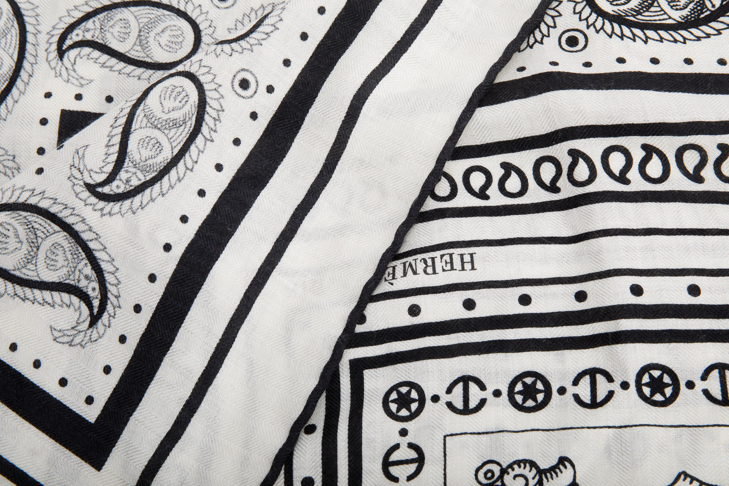 Hermes Black & White 'Tatouages Marins' Cashmere Silk Shawl 140