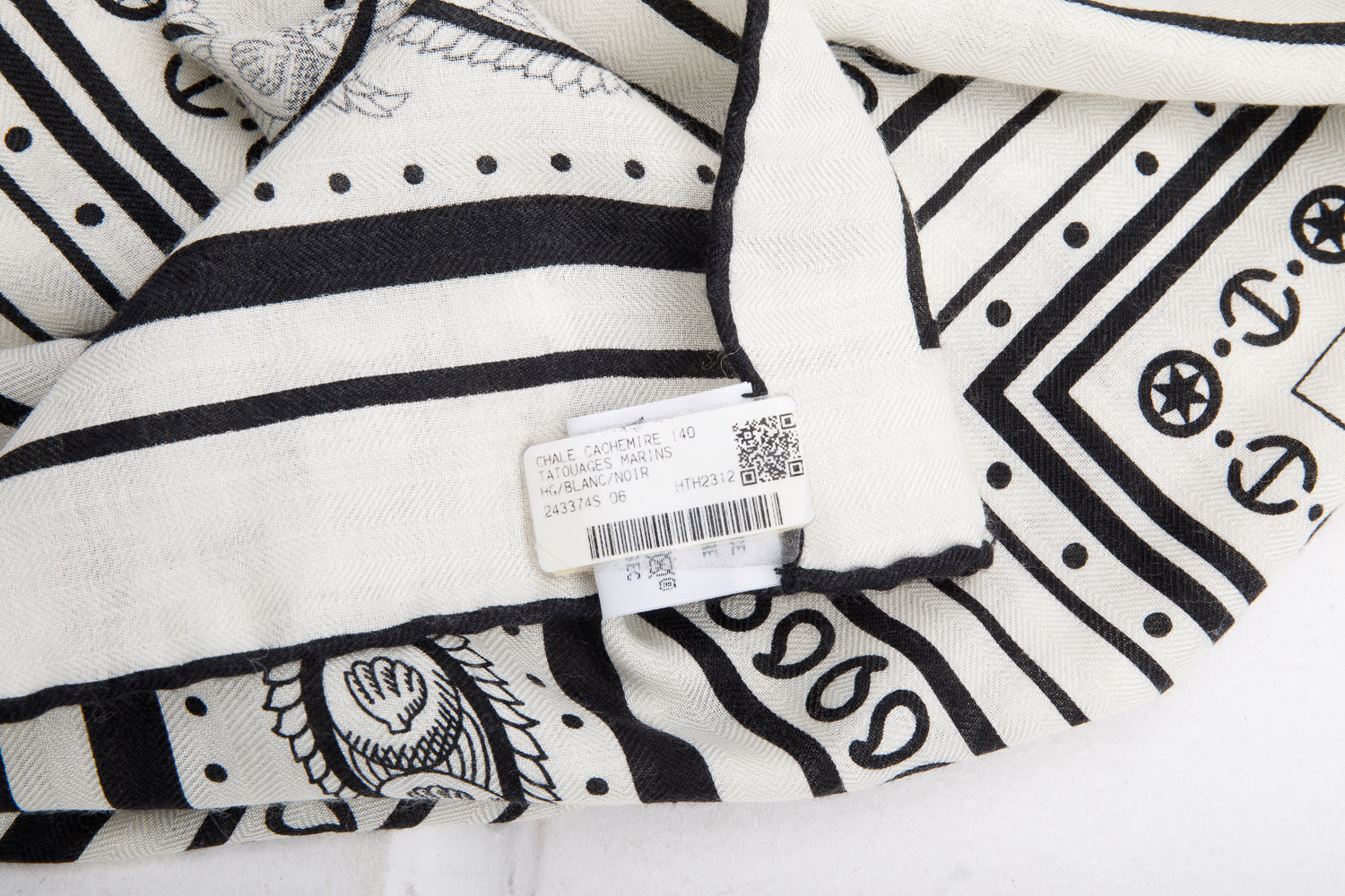Hermes Black & White 'Tatouages Marins' Cashmere Silk Shawl 140
