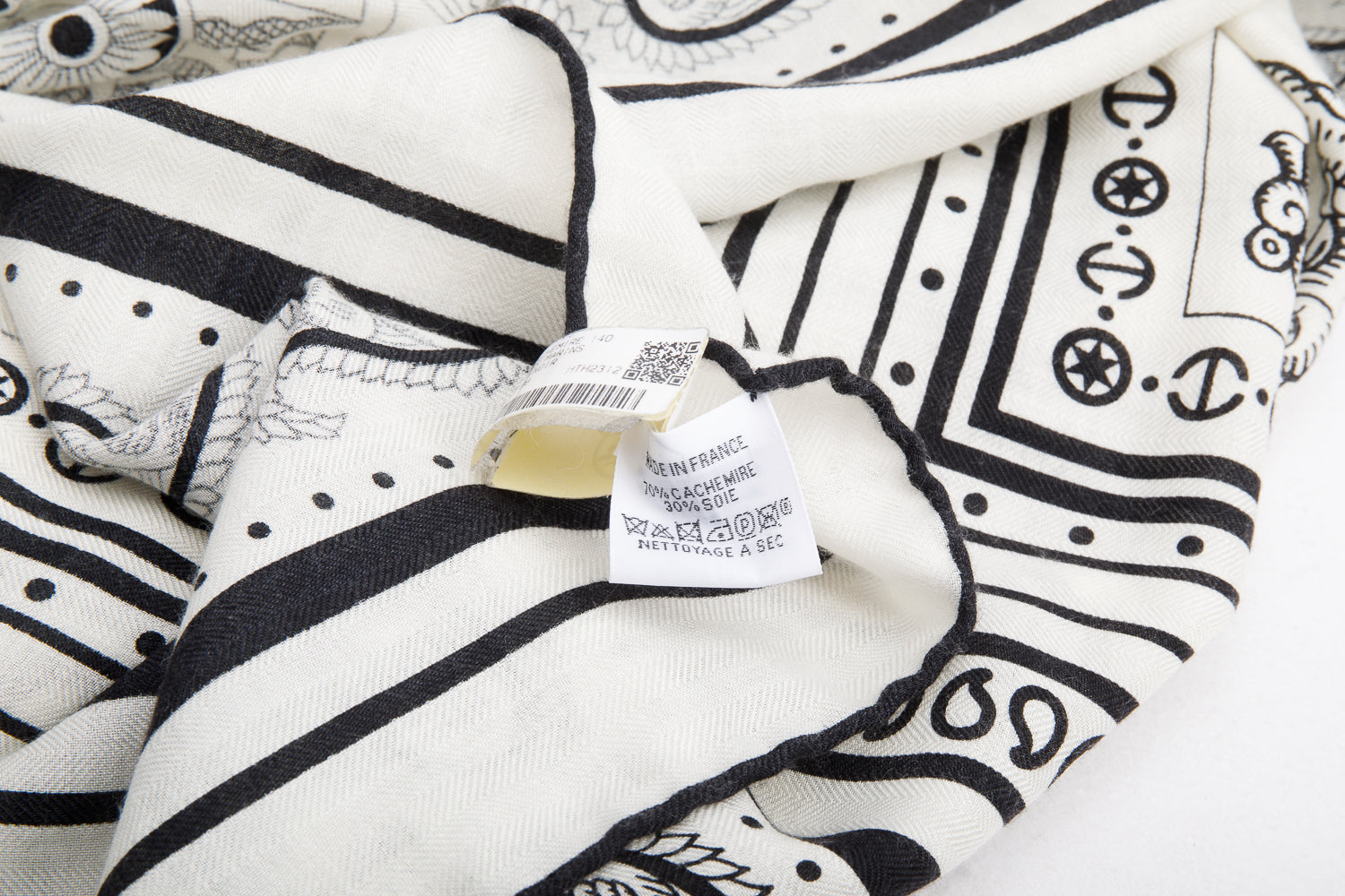 Hermes Black & White 'Tatouages Marins' Cashmere Silk Shawl 140