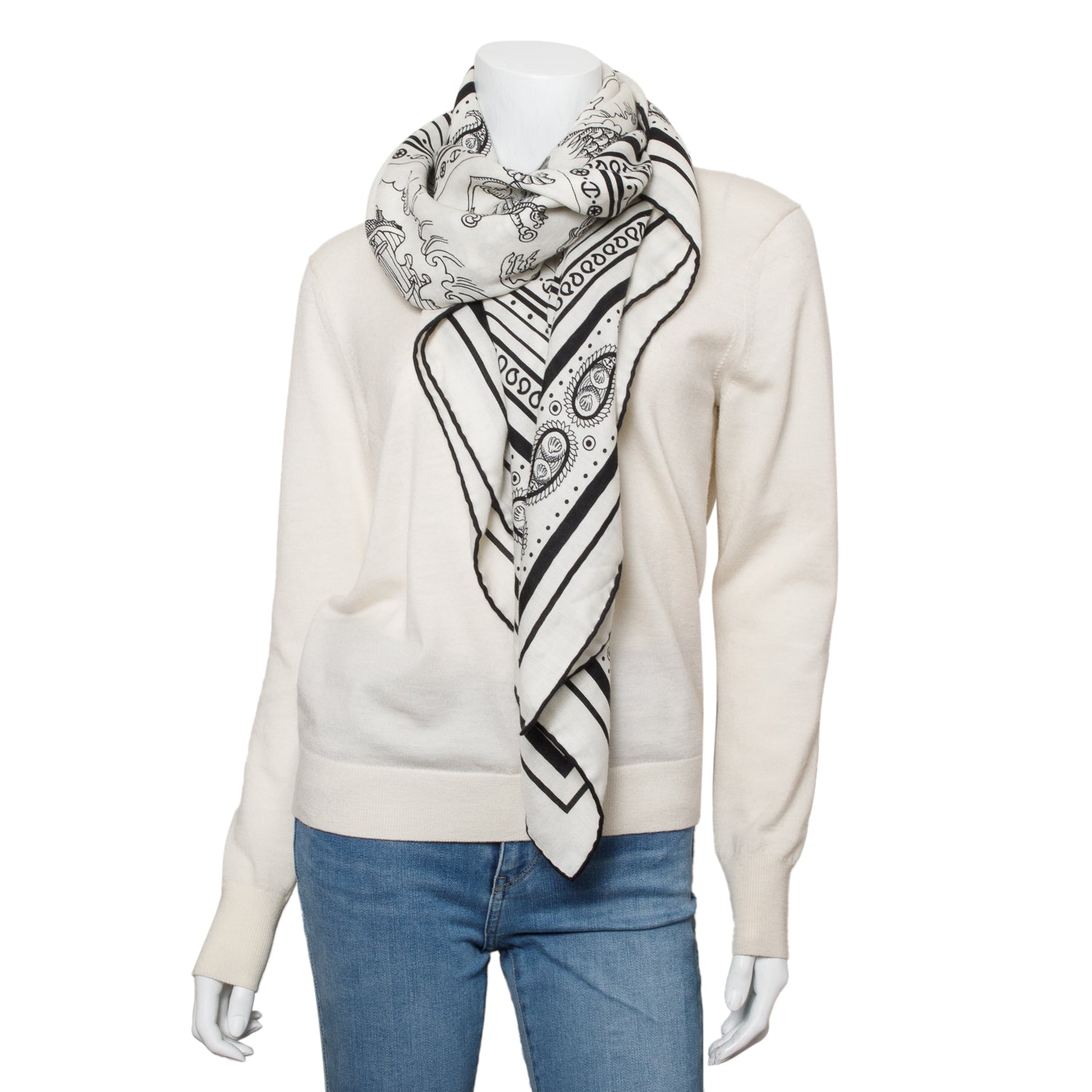 Hermes Black & White 'Tatouages Marins' Cashmere Silk Shawl 140