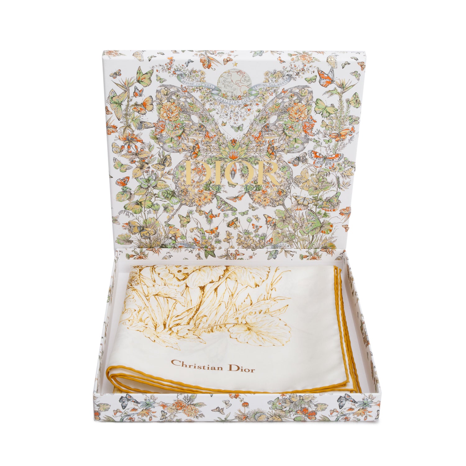 Christian Dior White/Yellow 'Around The World' Silk Scarf 90 w/ Box