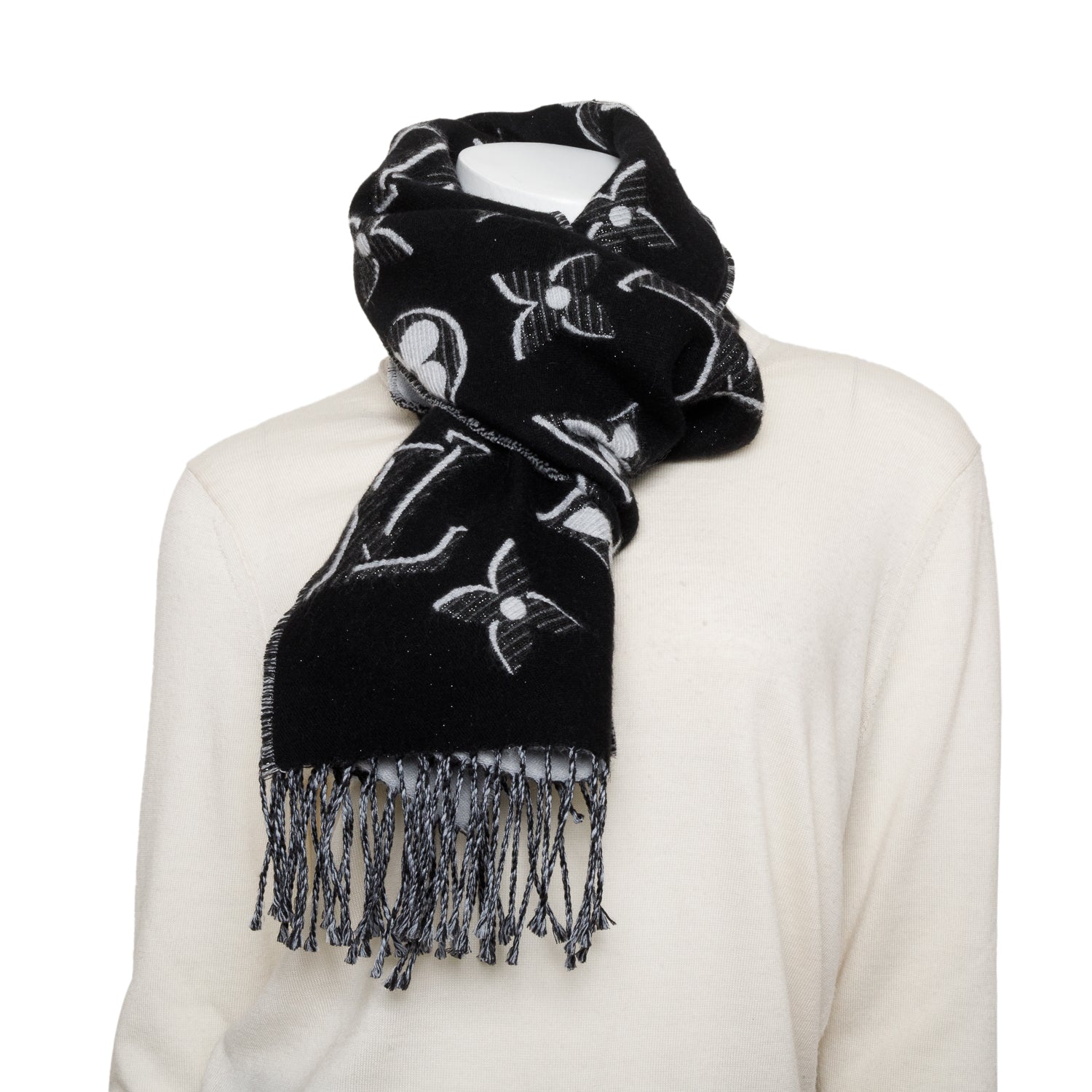 Louis Vuitton Black LV Essential Monogram Wool Shine Scarf