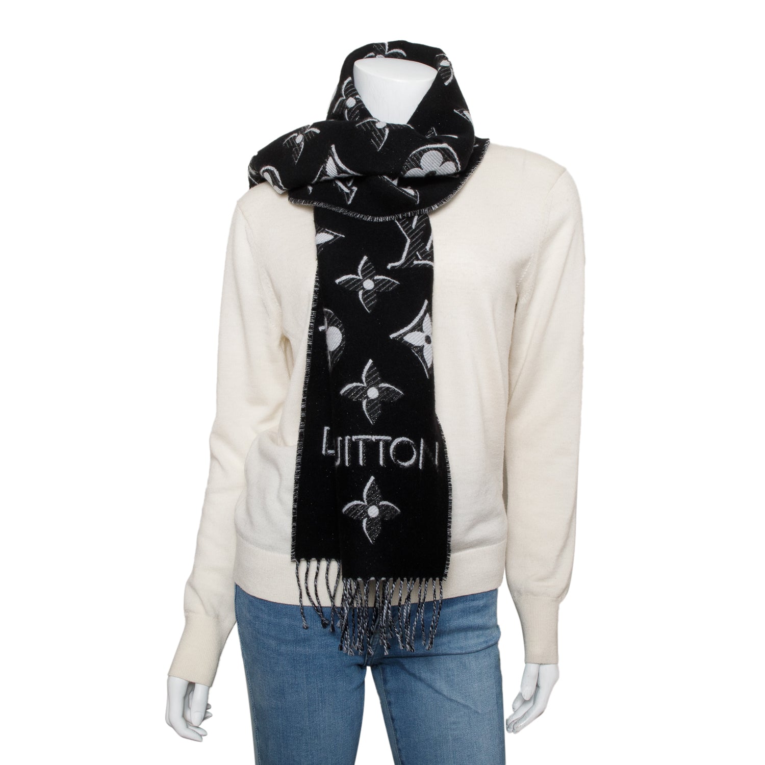 Louis Vuitton Black LV Essential Monogram Wool Shine Scarf