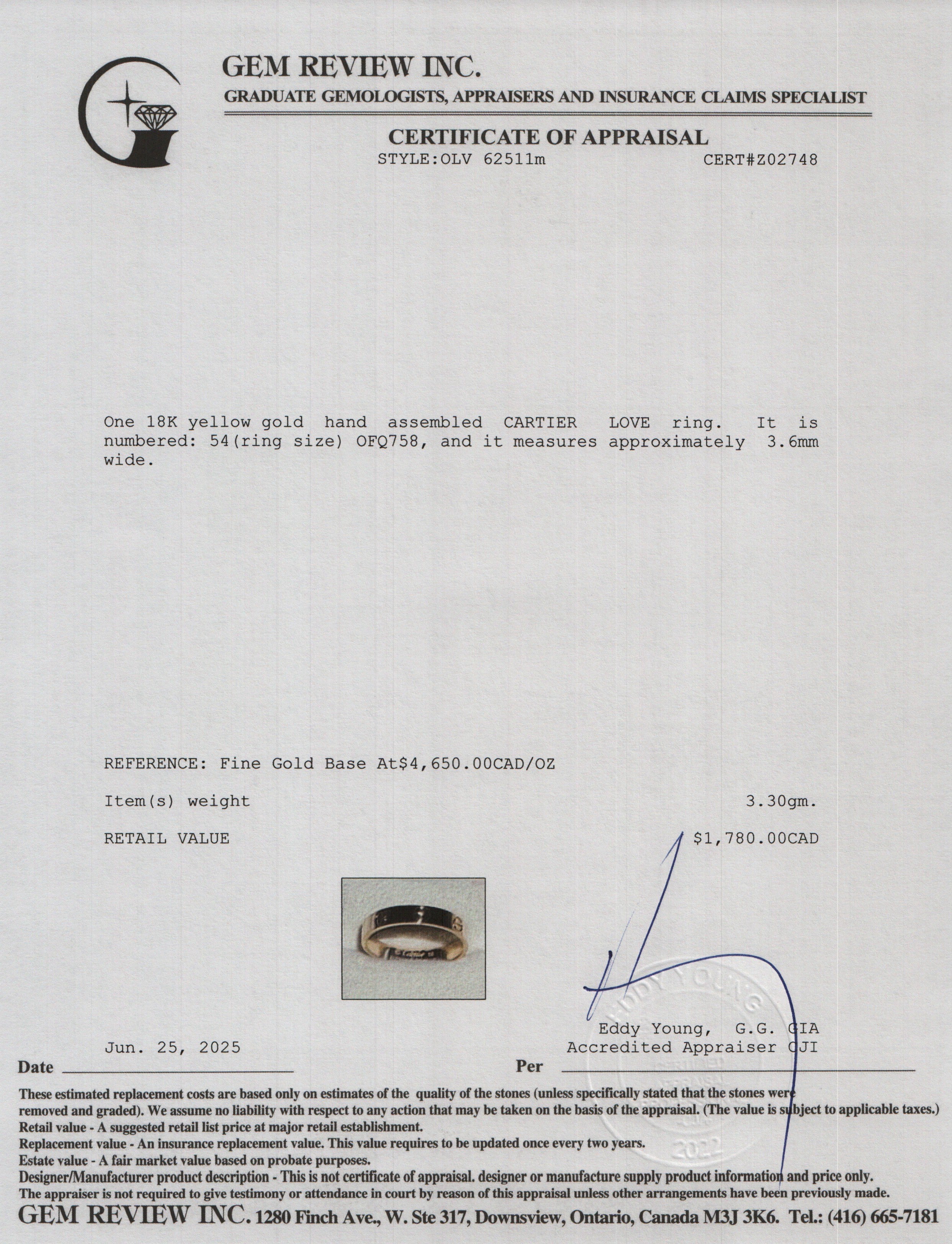 Cartier 18k Yellow Gold 3.6 mm Love Wedding Band Ring, Size 54 6.75 w/ Box, Receipt & Certificate