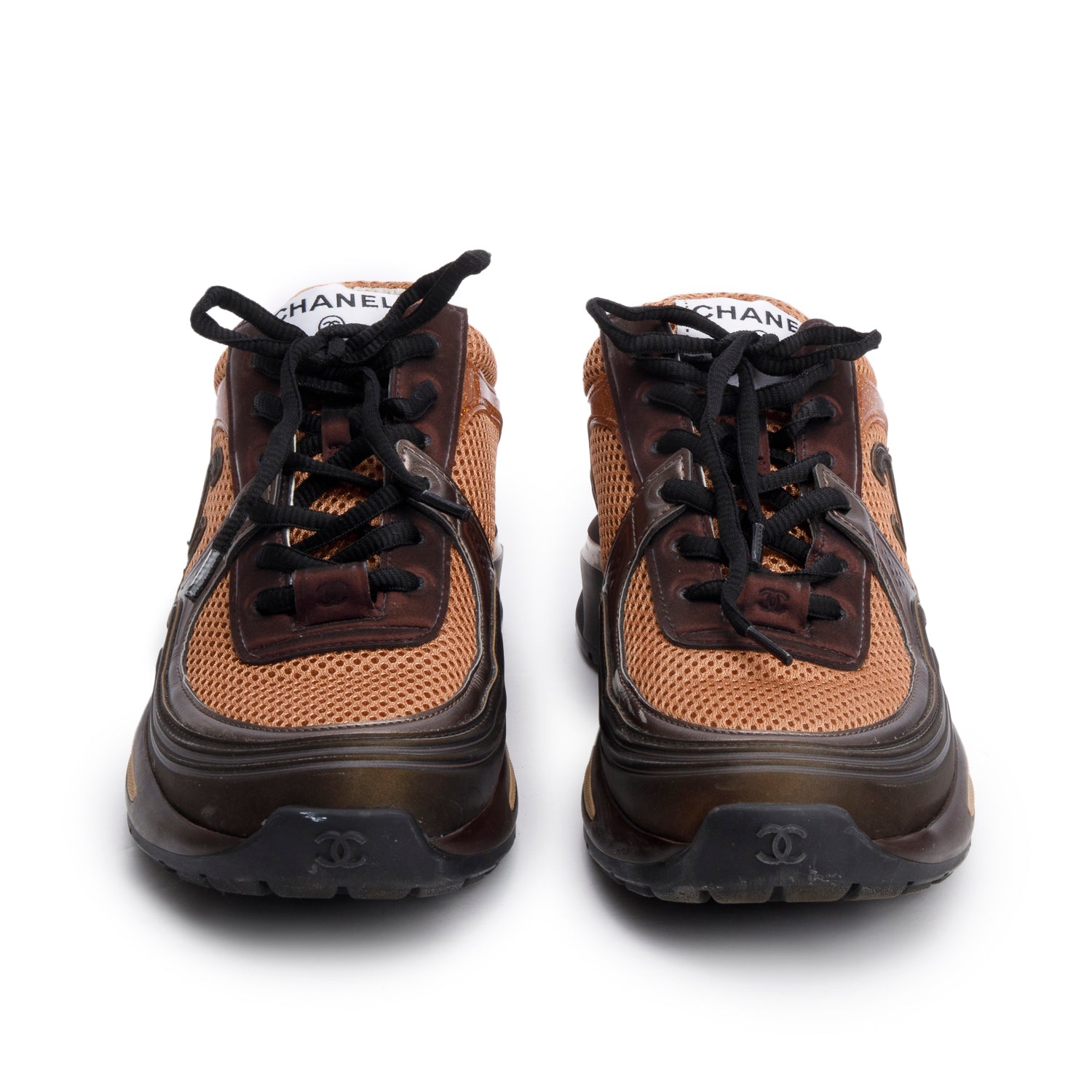 Chanel Brown PVC, Calfskin & Mesh CC Logo Low-Top Sneakers, Size 37.5