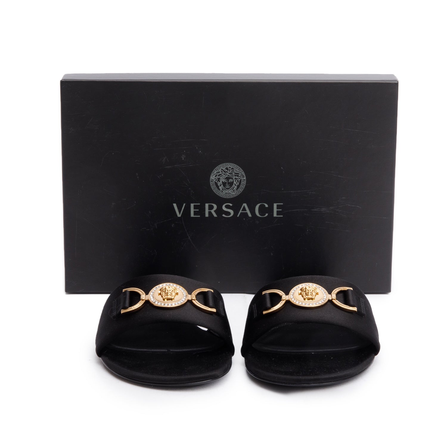 Versace Black Satin La Medusa Mule Sandals, Size 40 w/ Box & Receipt