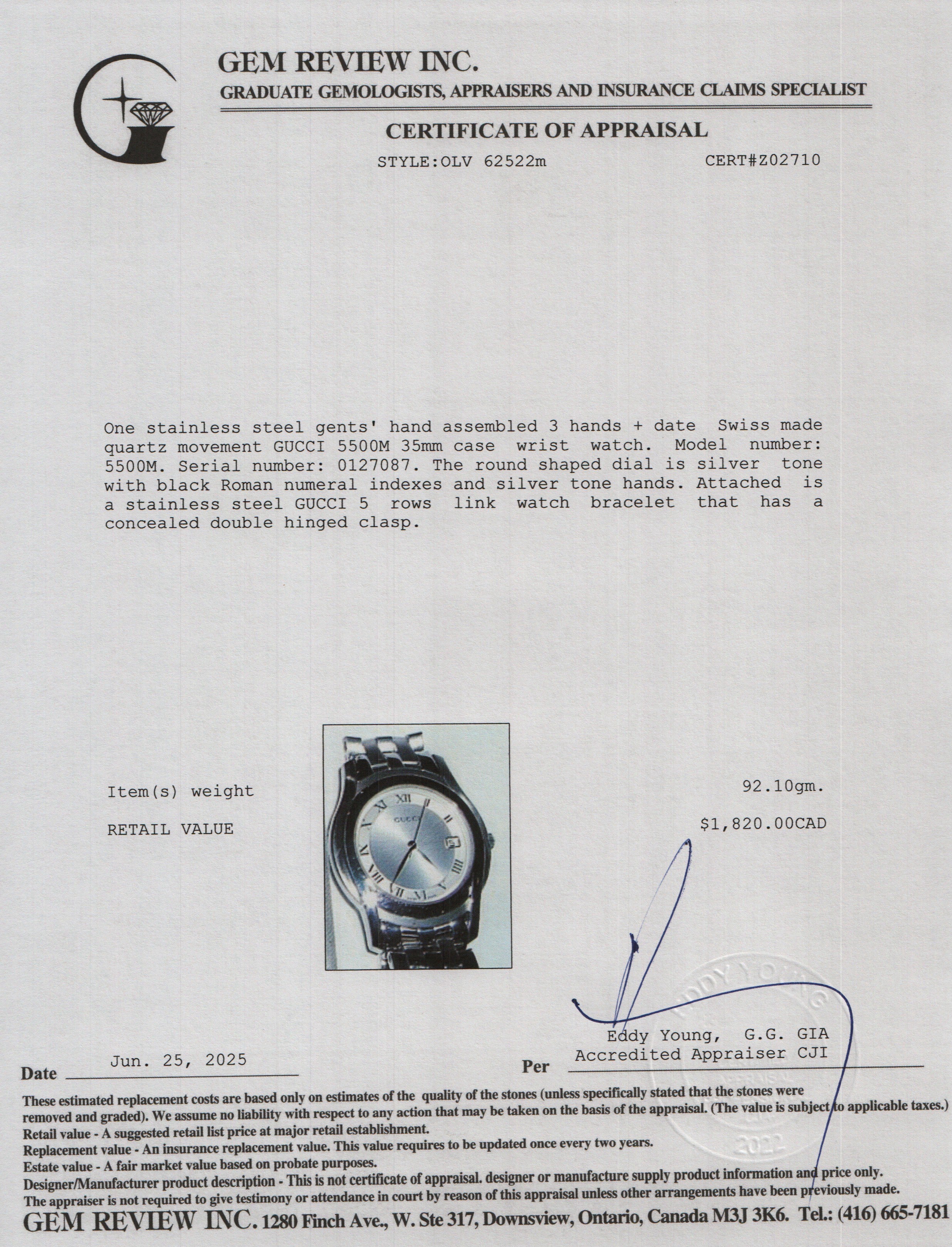 Gucci Stainless Steel 5500 Series 35 MM Quartz Watch