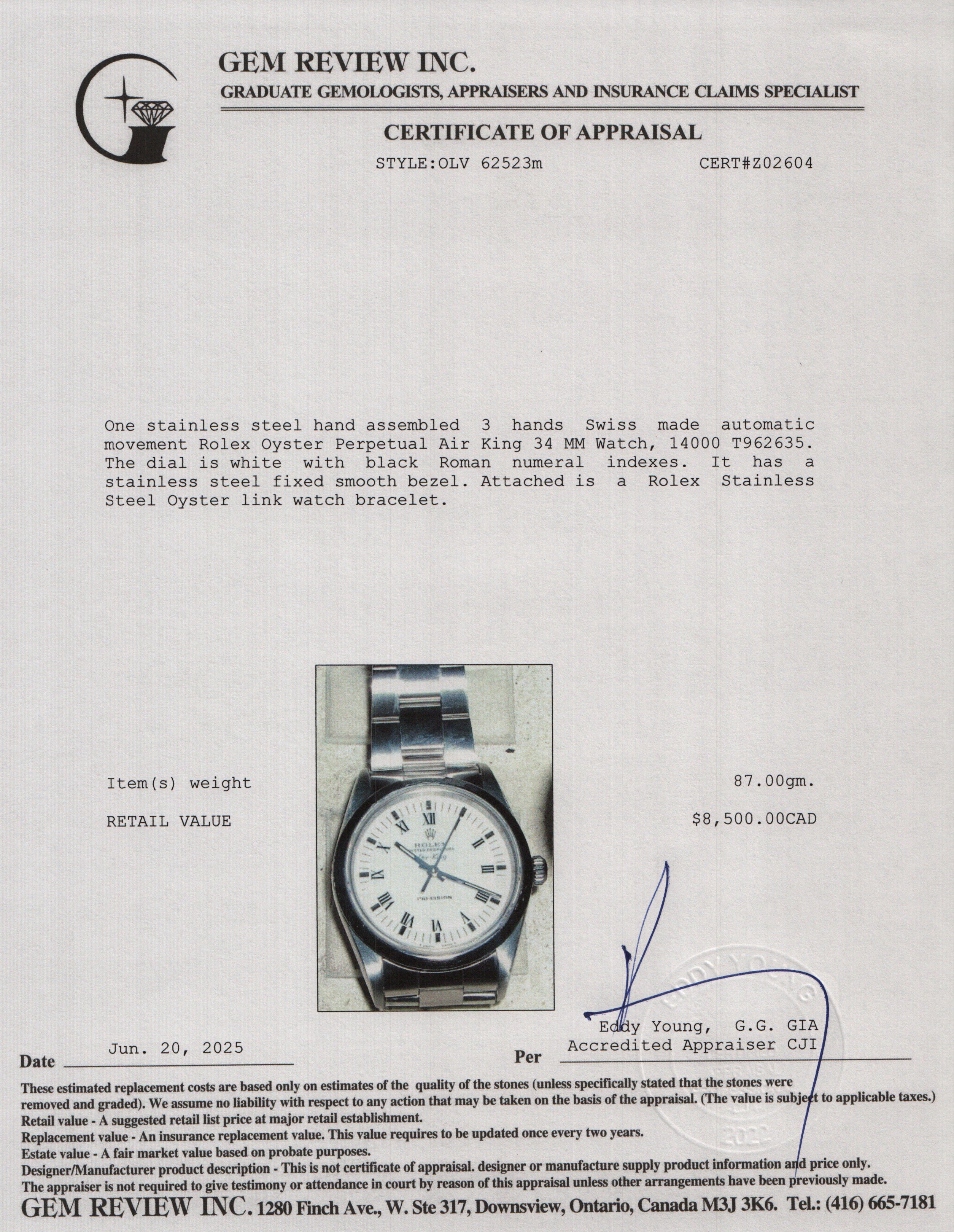 Rolex Stainless Steel Oyster Perpetual Air King 34 MM Watch White Dial 14000