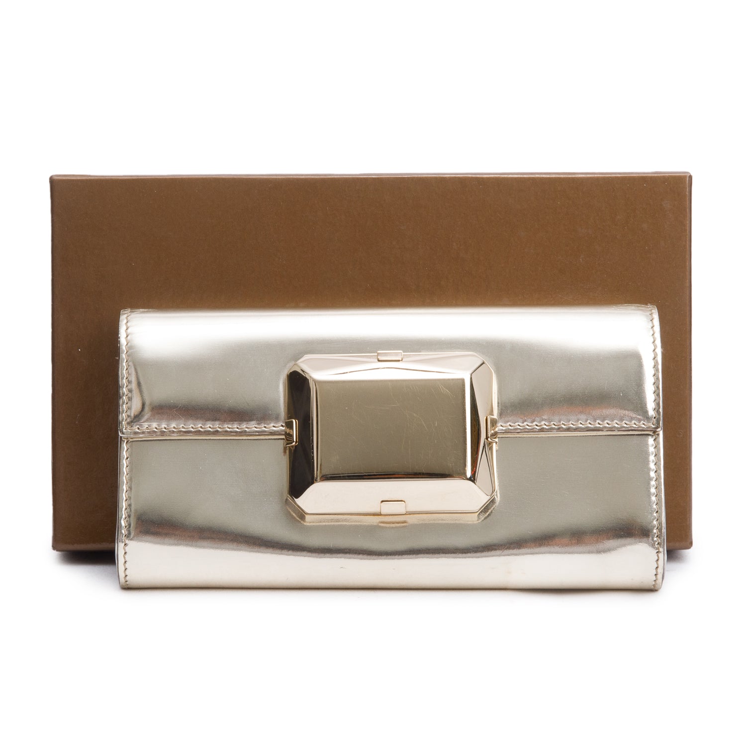 Gucci Gold Patent Leather Gem Clutch w/ Box