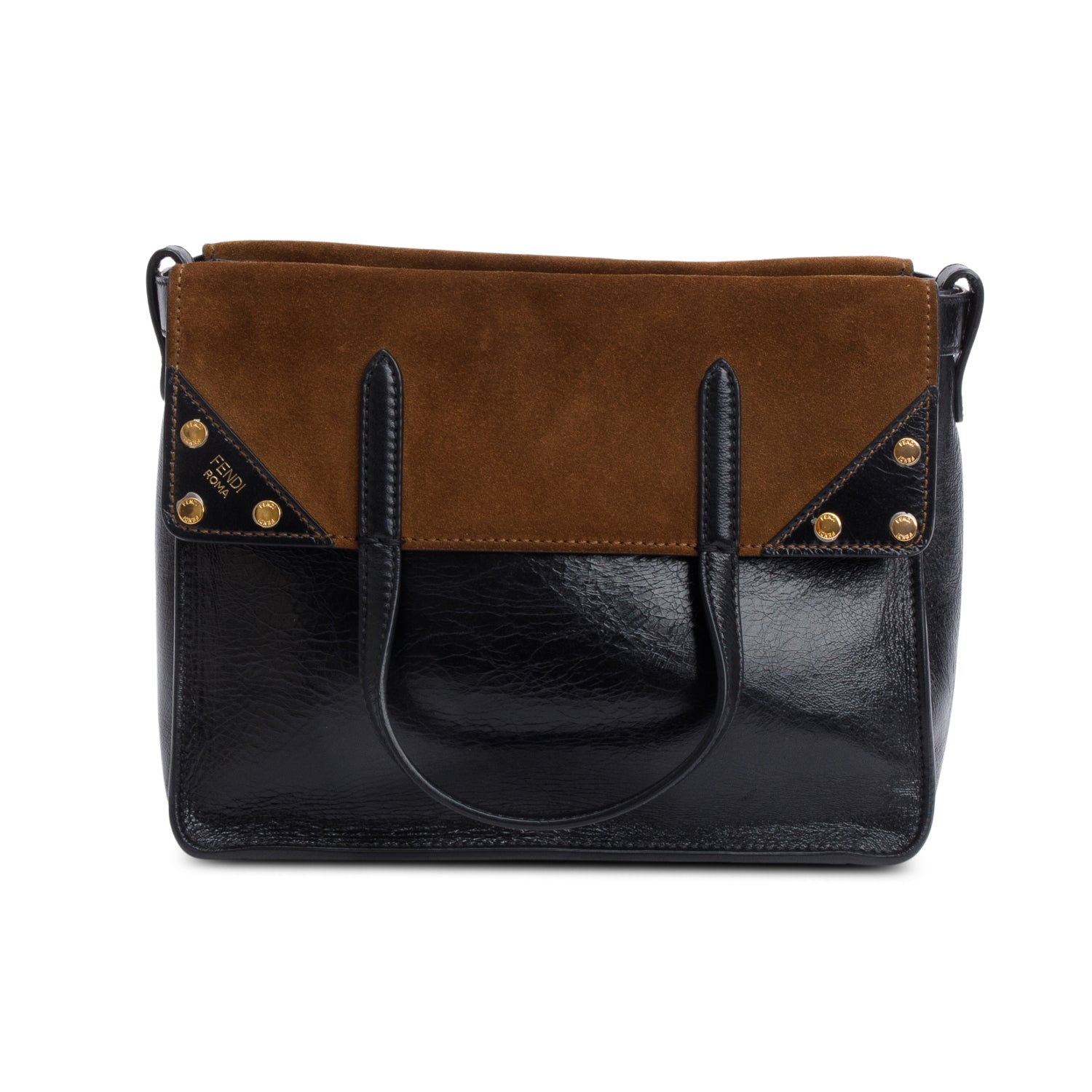 Fendi Black Leather Brown Suede FF Small Flip Bag