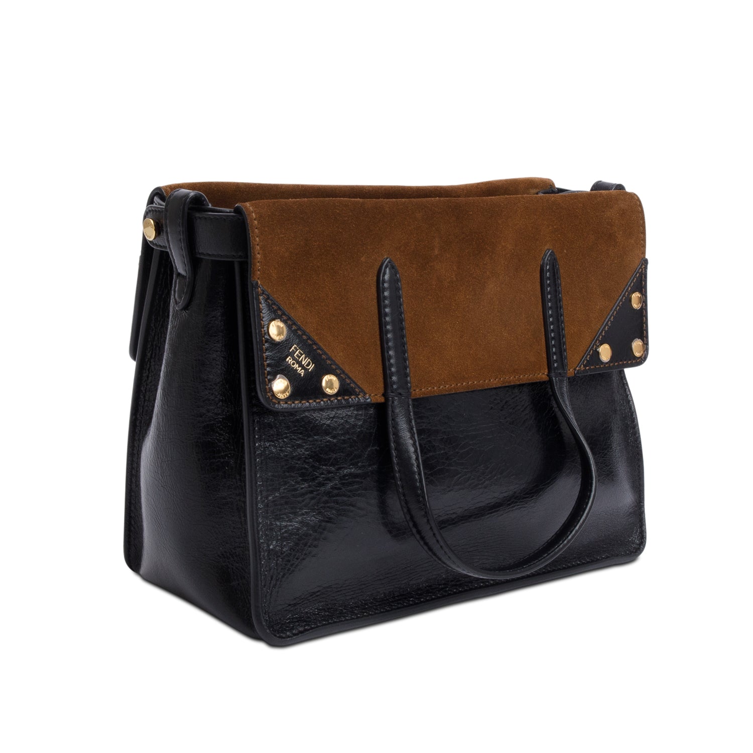 Fendi Black Leather Brown Suede FF Small Flip Bag