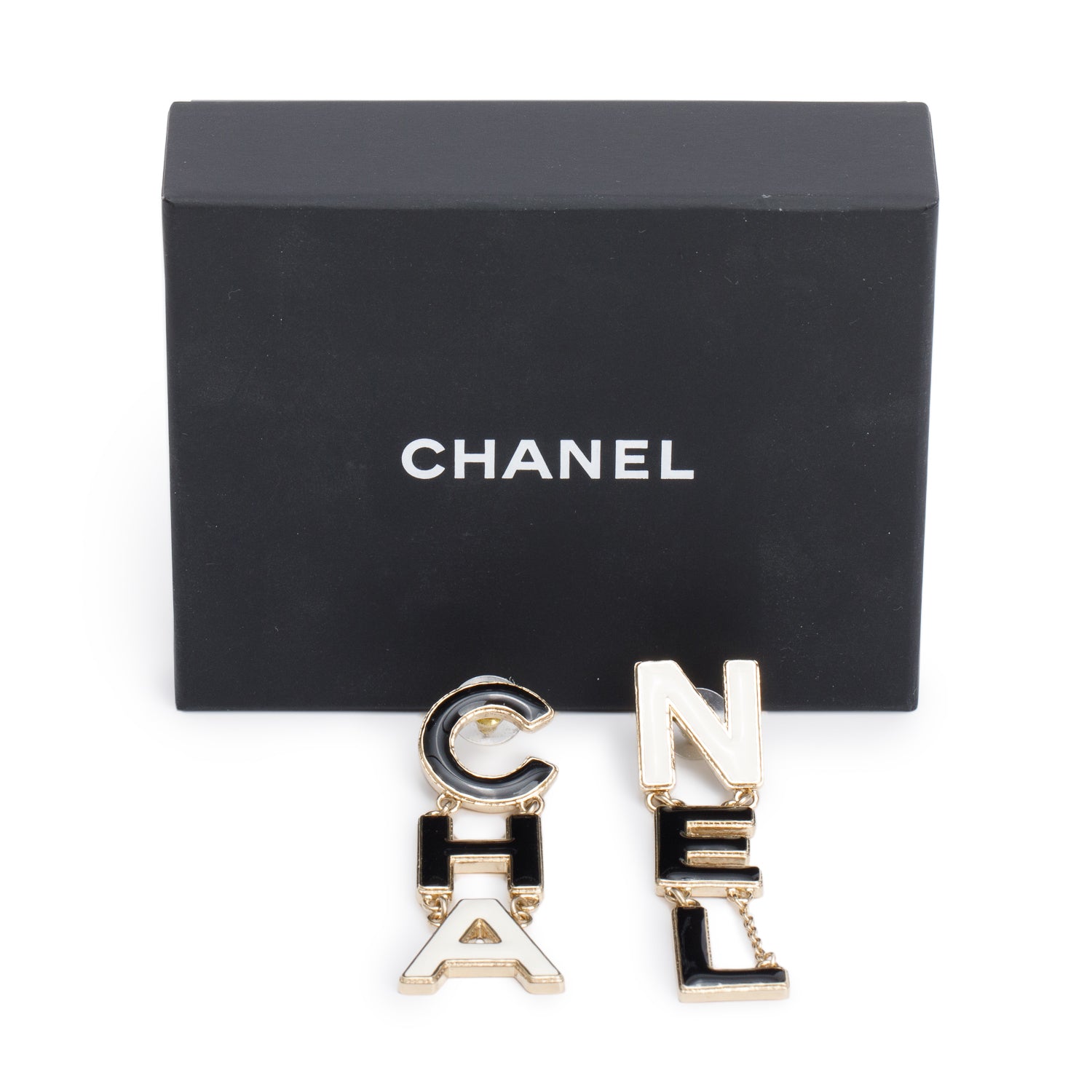 Chanel 2022 Gold-Plated Enamel 'CHA-NEL' Drop Earrings w/ Box