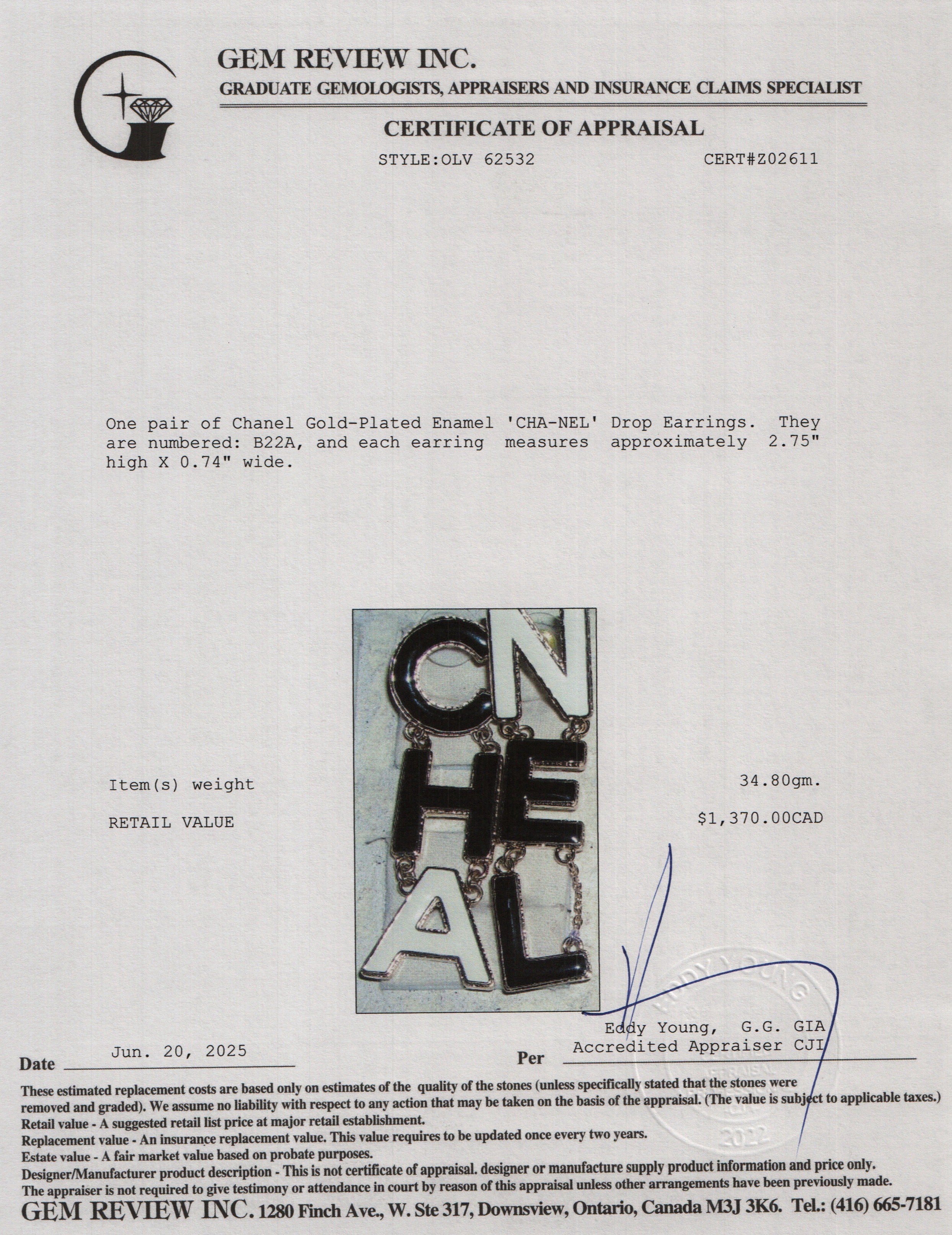 Chanel 2022 Gold-Plated Enamel 'CHA-NEL' Drop Earrings w/ Box