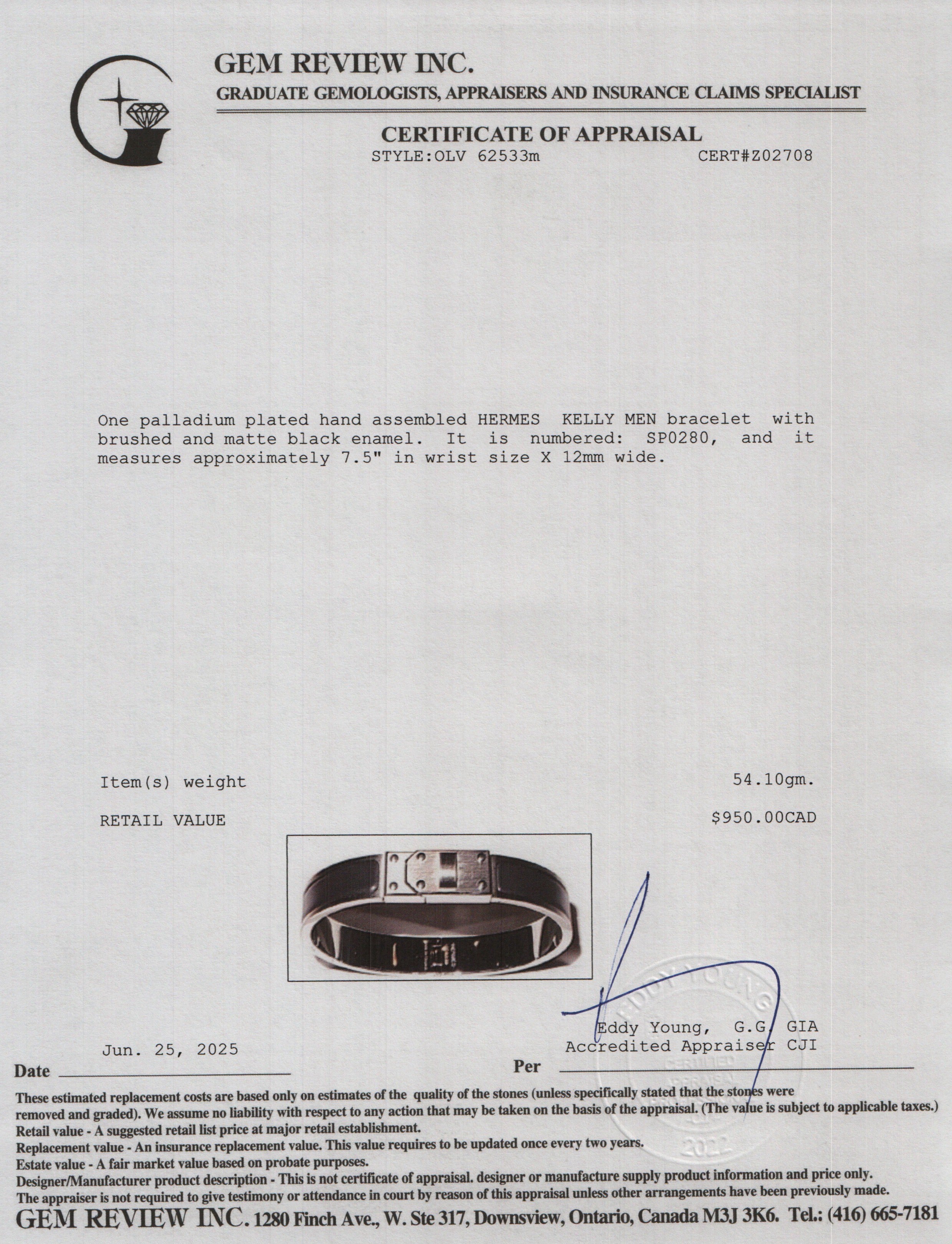 Hermes Palladium Plated Matte Black Enamel Kelly Bracelet w/ Box