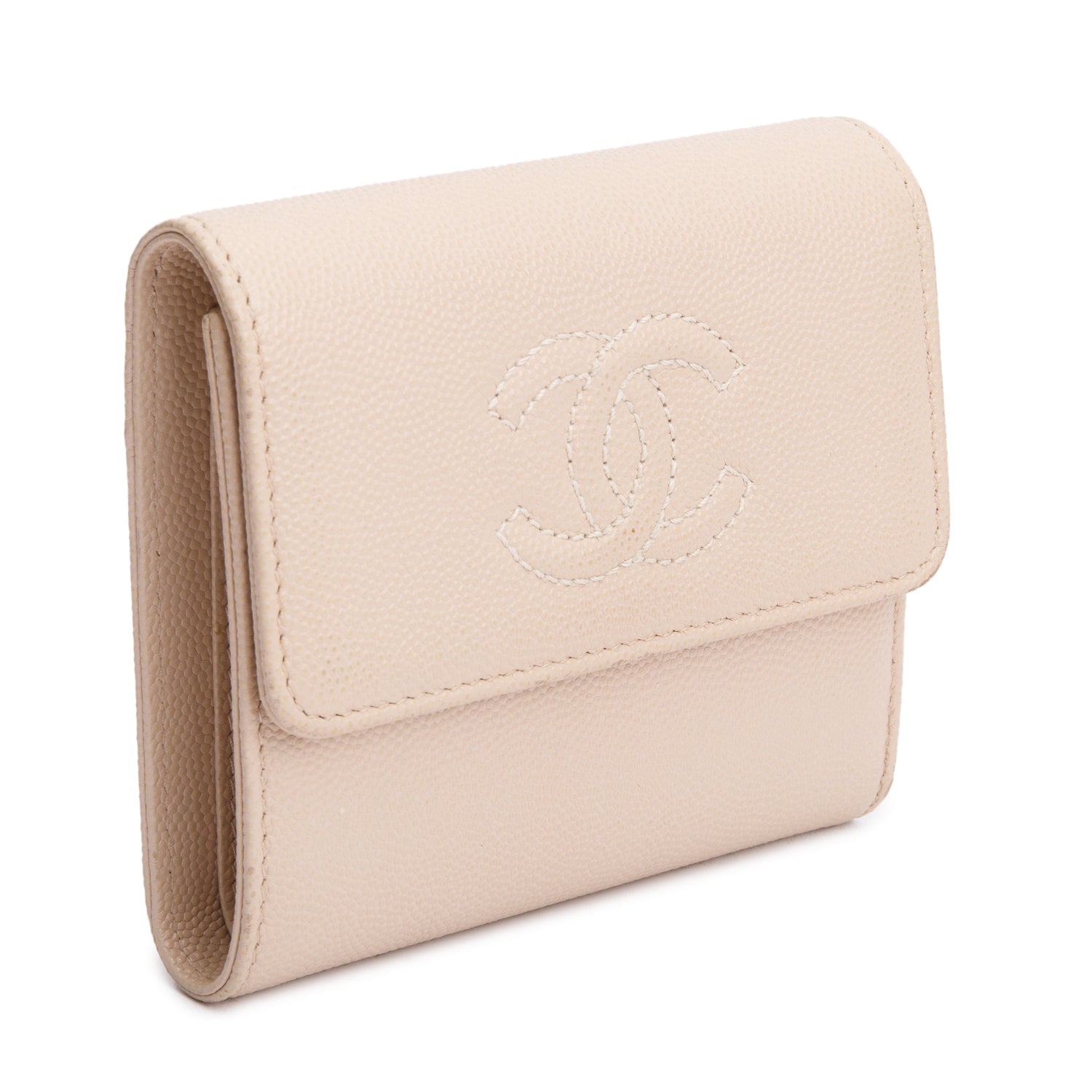 Chanel Beige Caviar Leather Timeless Trifold Compact Wallet w/ Box & Authenticity Card