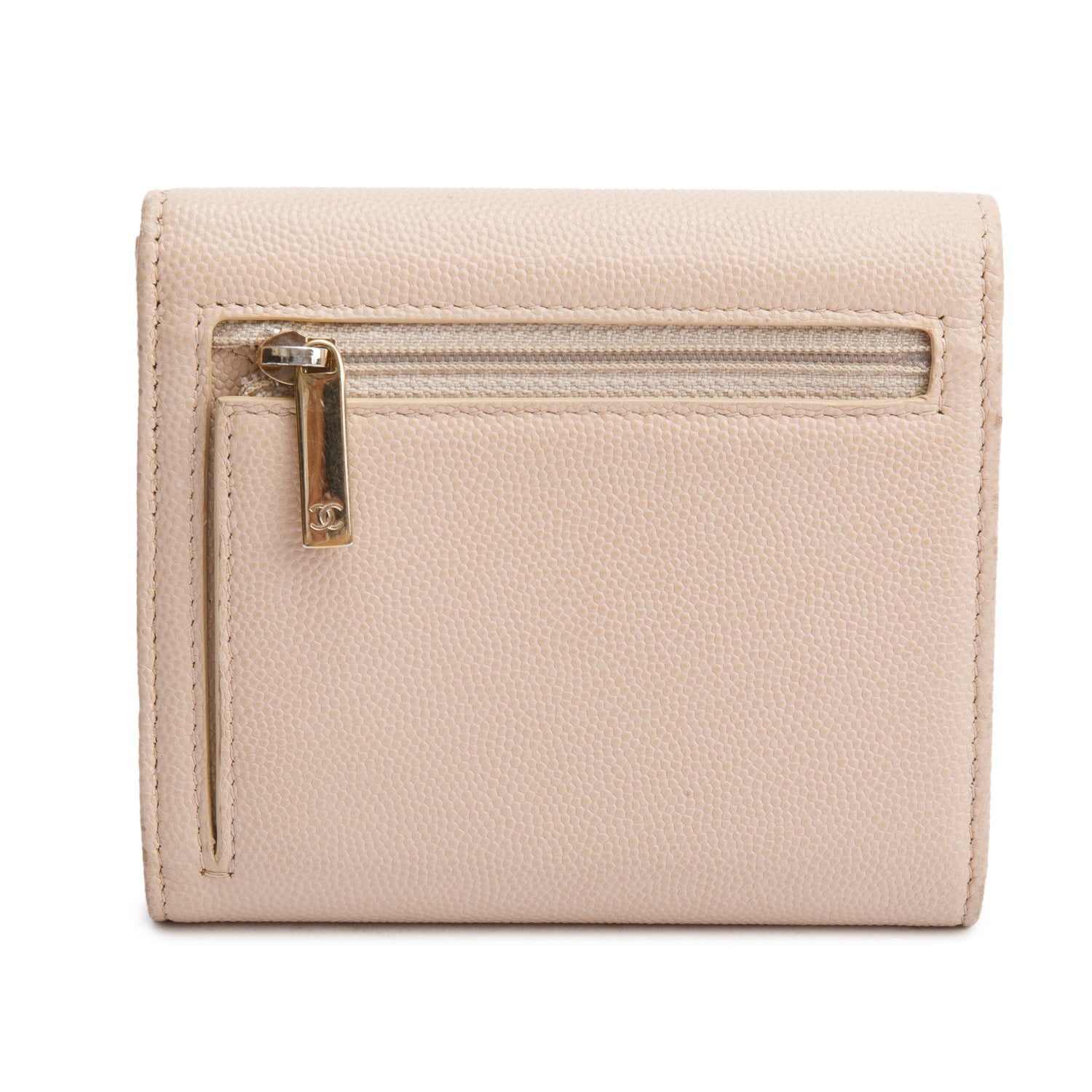 Chanel Beige Caviar Leather Timeless Trifold Compact Wallet w/ Box & Authenticity Card