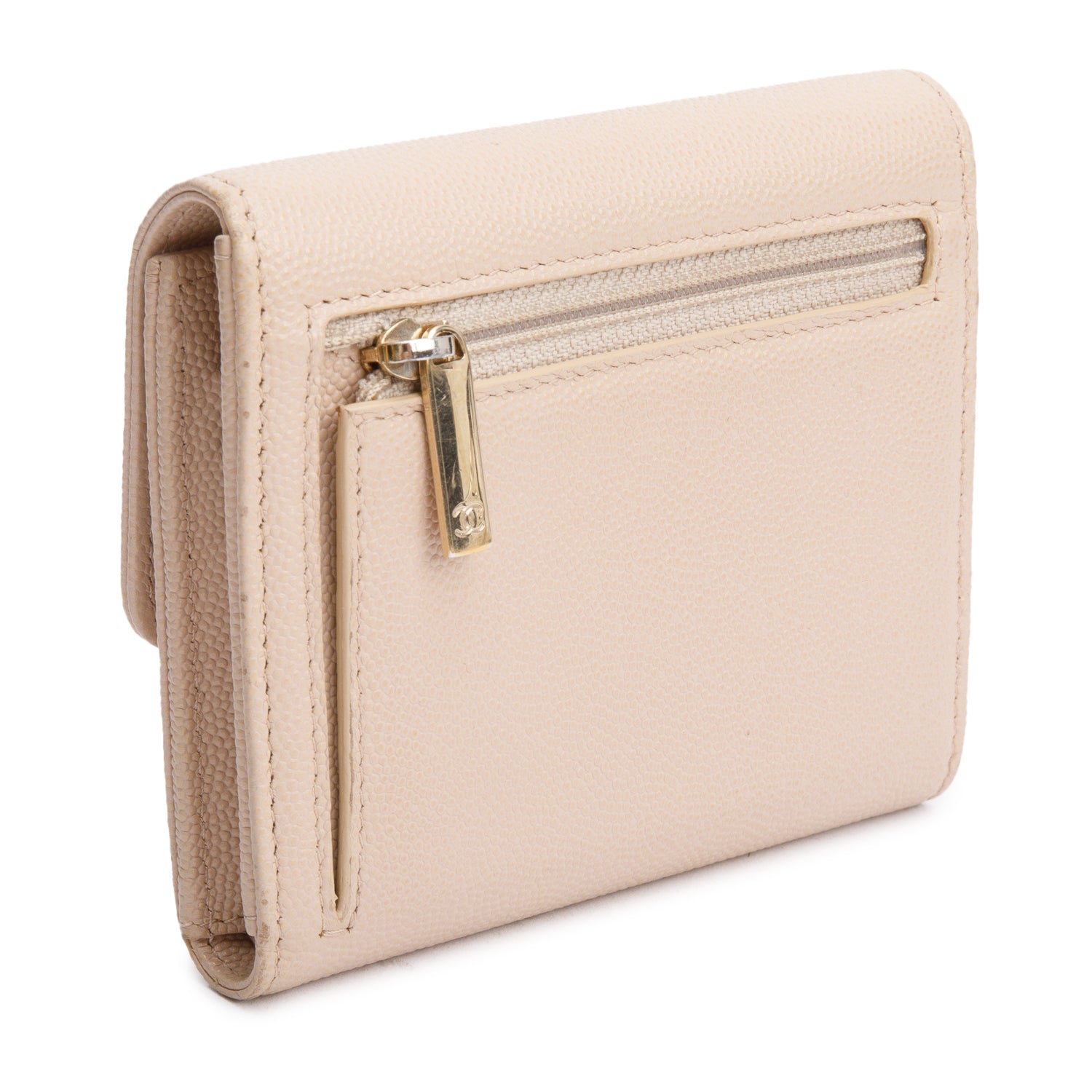 Chanel Beige Caviar Leather Timeless Trifold Compact Wallet w/ Box & Authenticity Card