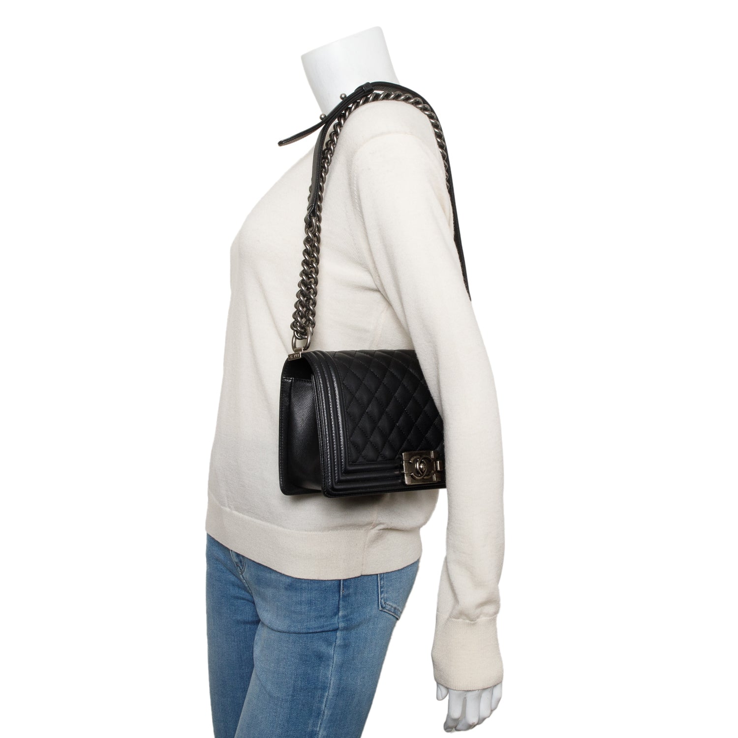 Chanel Black Quilted Caviar Leather Medium Boy Bag w/ Box