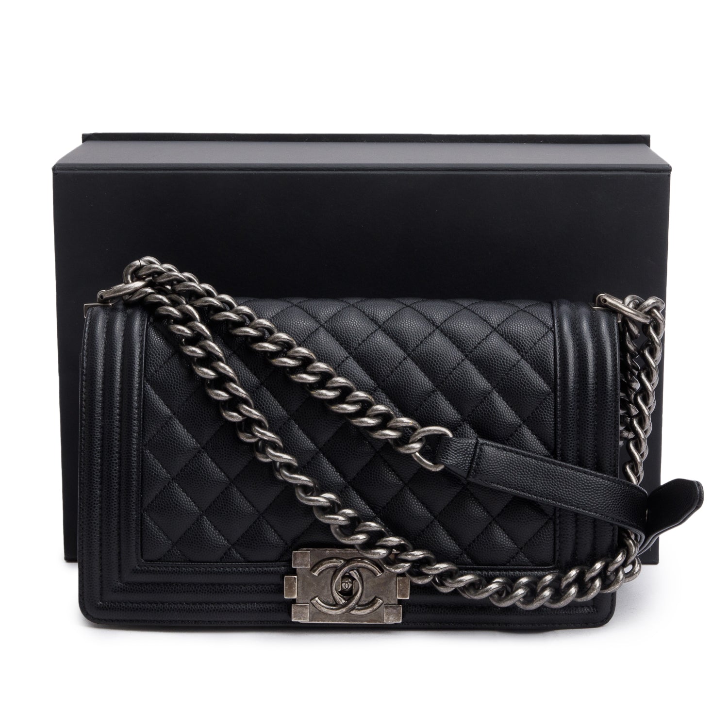 Chanel Black Quilted Caviar Leather Medium Boy Bag w/ Box
