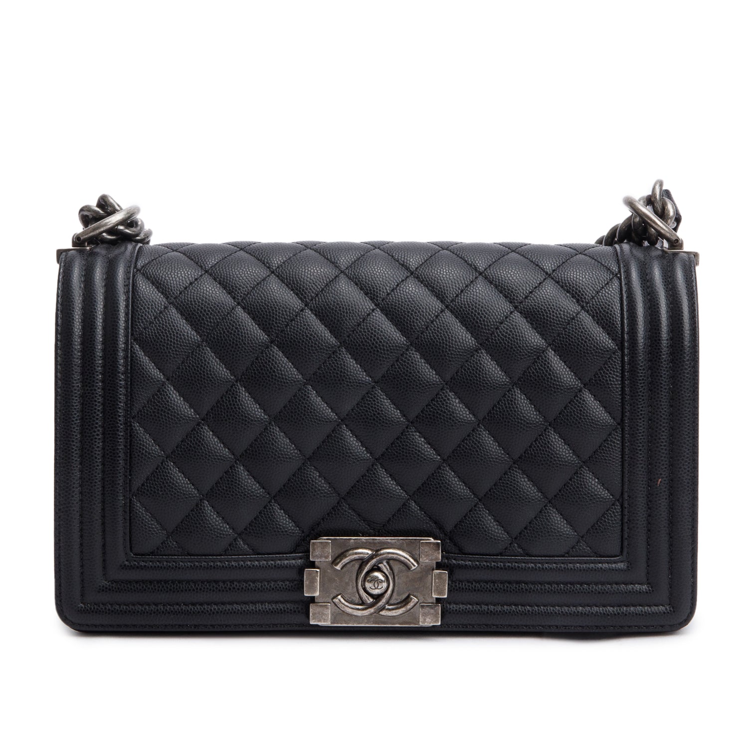 Chanel Black Quilted Caviar Leather Medium Boy Bag w/ Box