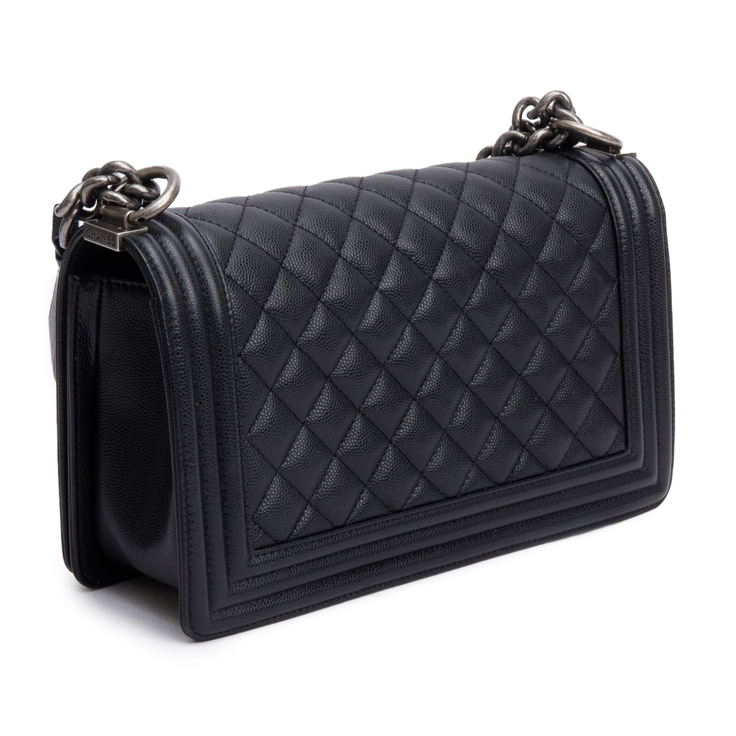 Chanel Black Quilted Caviar Leather Medium Boy Bag w/ Box