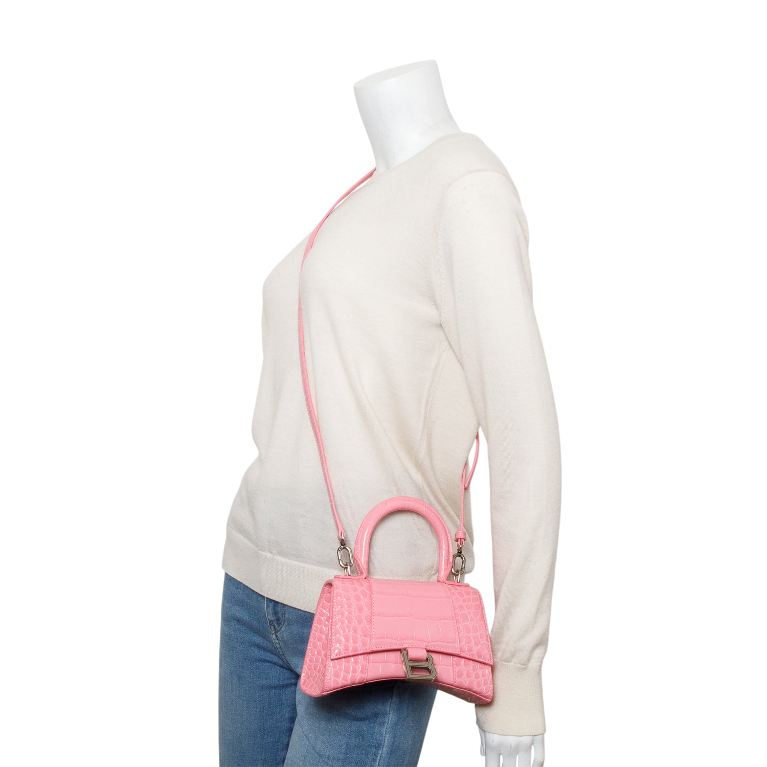 Balenciaga Pink Croc-Embossed Leather XS Hourglass Top Handle Bag w/ Strap