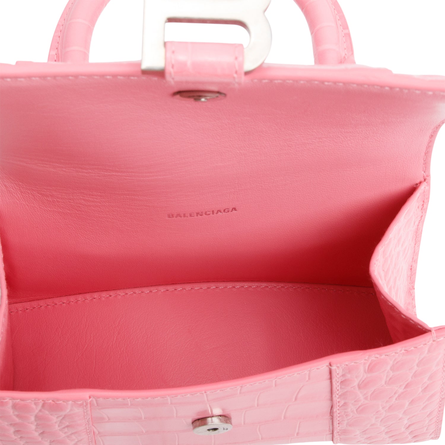 Balenciaga Pink Croc-Embossed Leather XS Hourglass Top Handle Bag w/ Strap