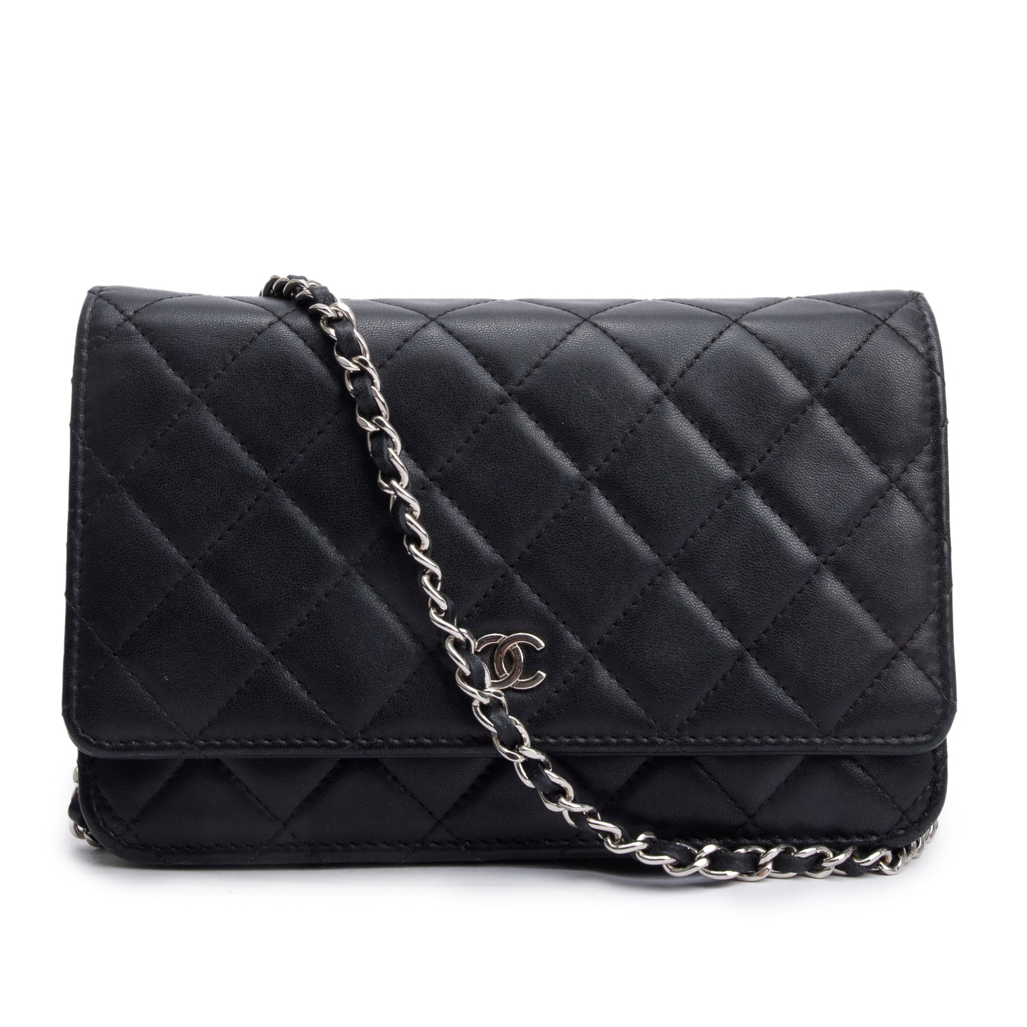 Chanel 2021 Black Quilted Lambskin Leather Classic Wallet on Chain w/ Receipt