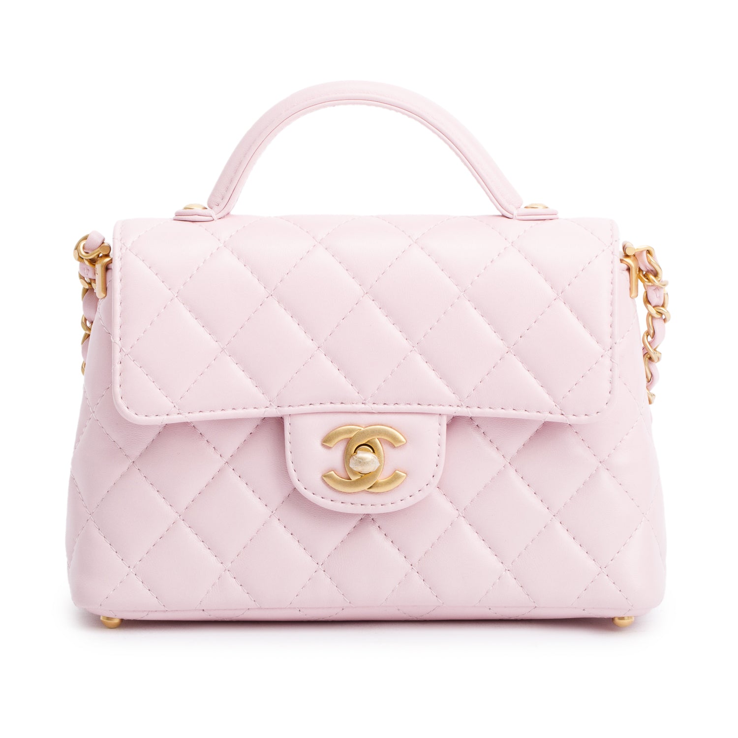 Chanel Pink Quilted Lambskin Leather Mini Top Handle Flap Bag