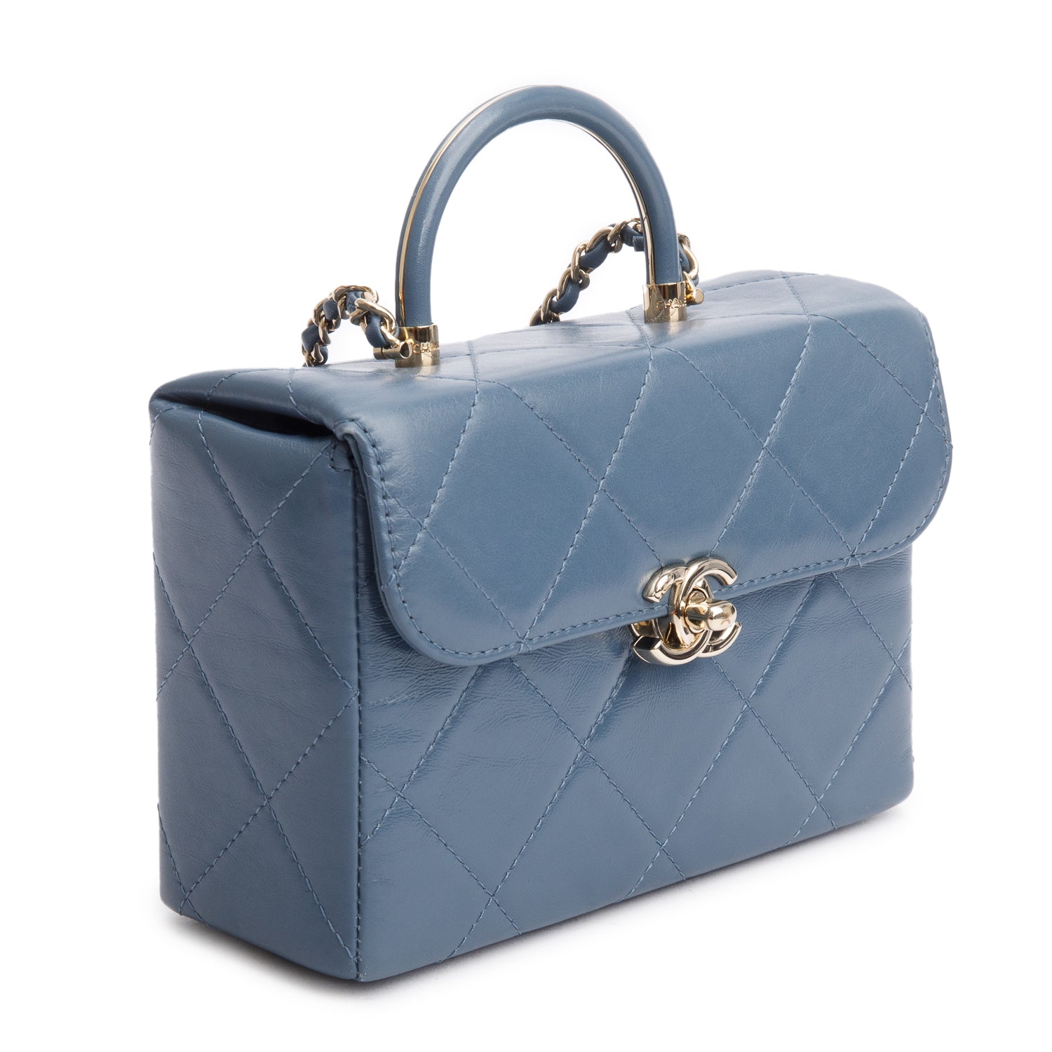 Chanel 2023 Blue Quilted Lambskin Leather Vanity Top Handle Bag w/ Receipt