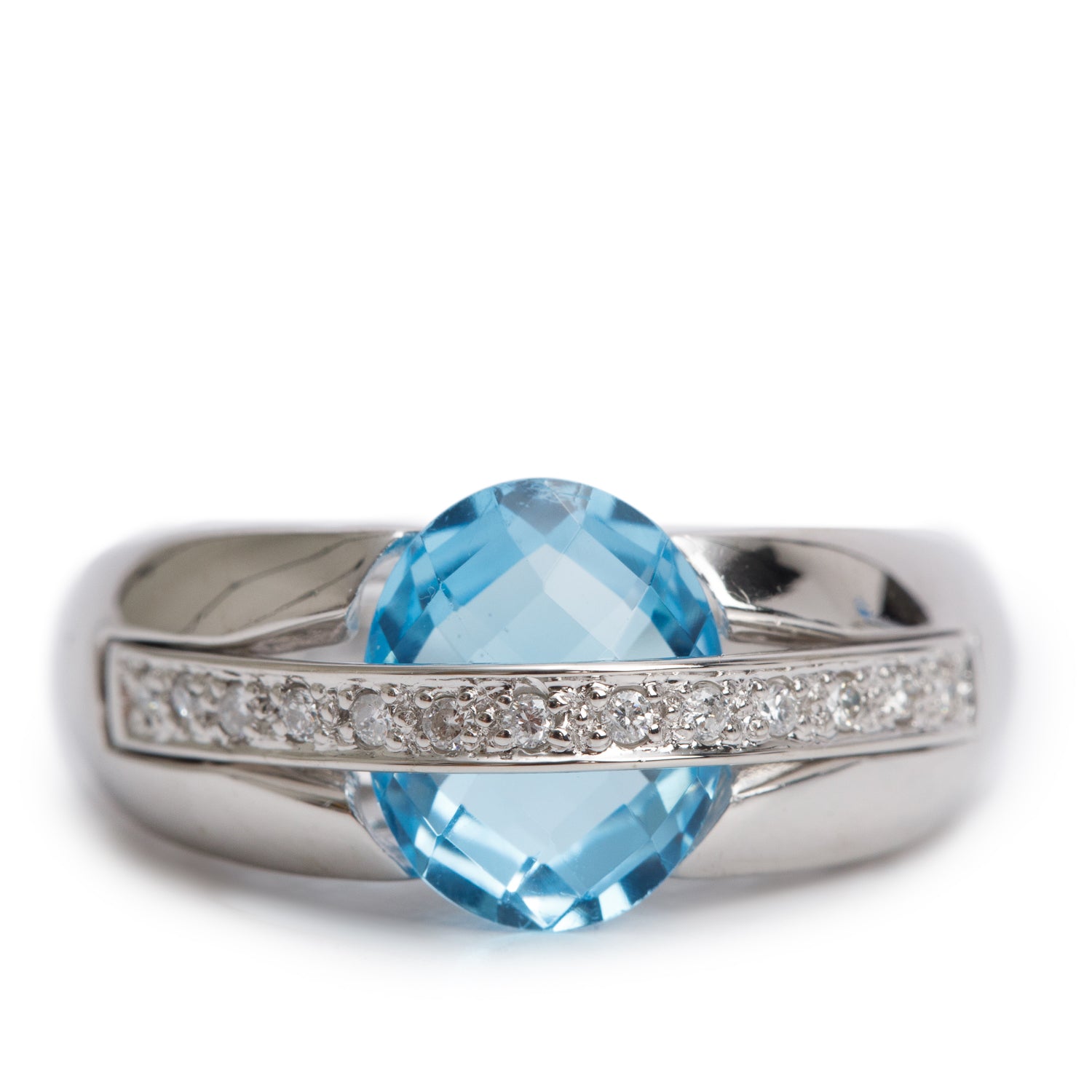 14k White Gold Blue Topaz and Diamond Cocktail Ring, Size 6.5