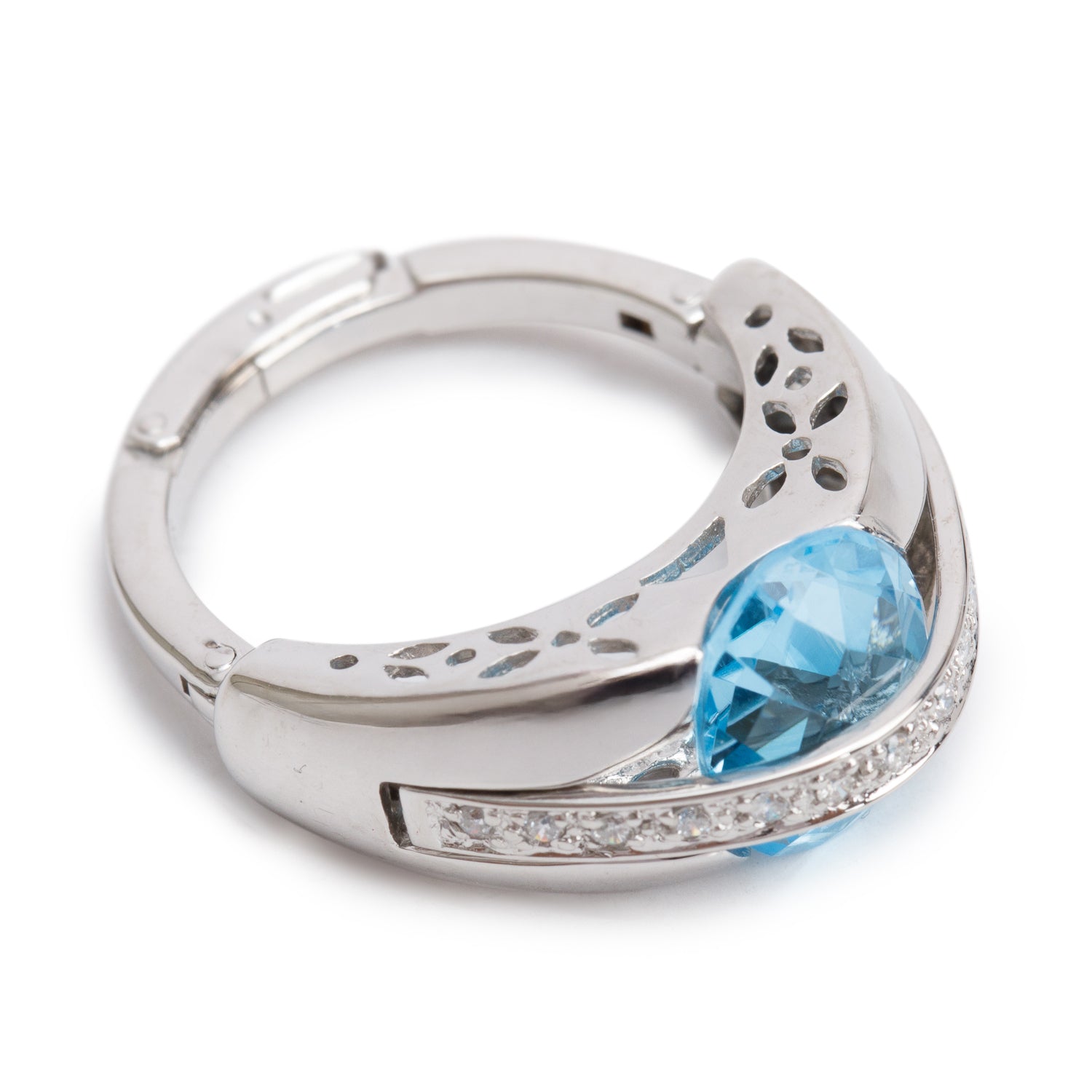 14k White Gold Blue Topaz and Diamond Cocktail Ring, Size 6.5