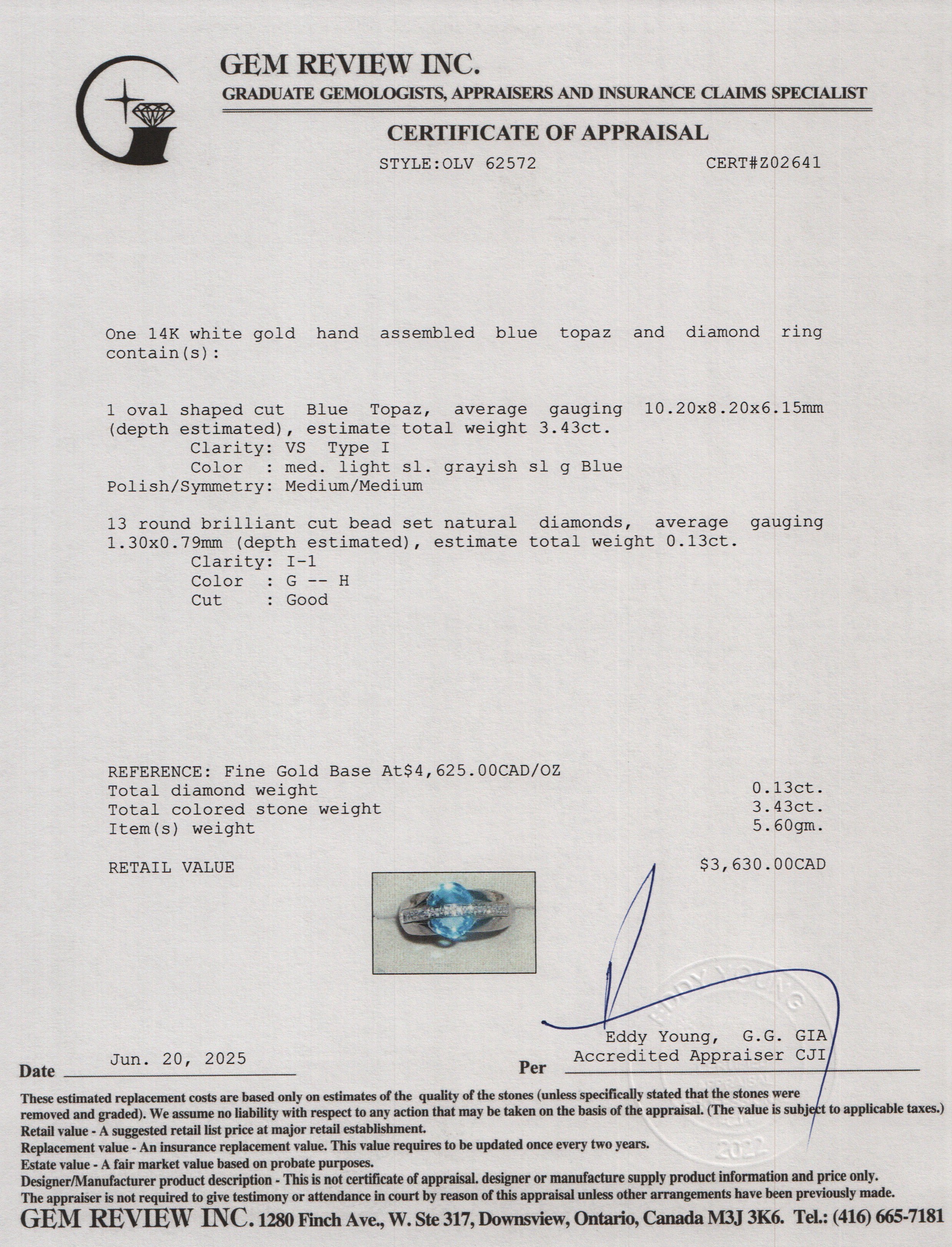 14k White Gold Blue Topaz and Diamond Cocktail Ring, Size 6.5