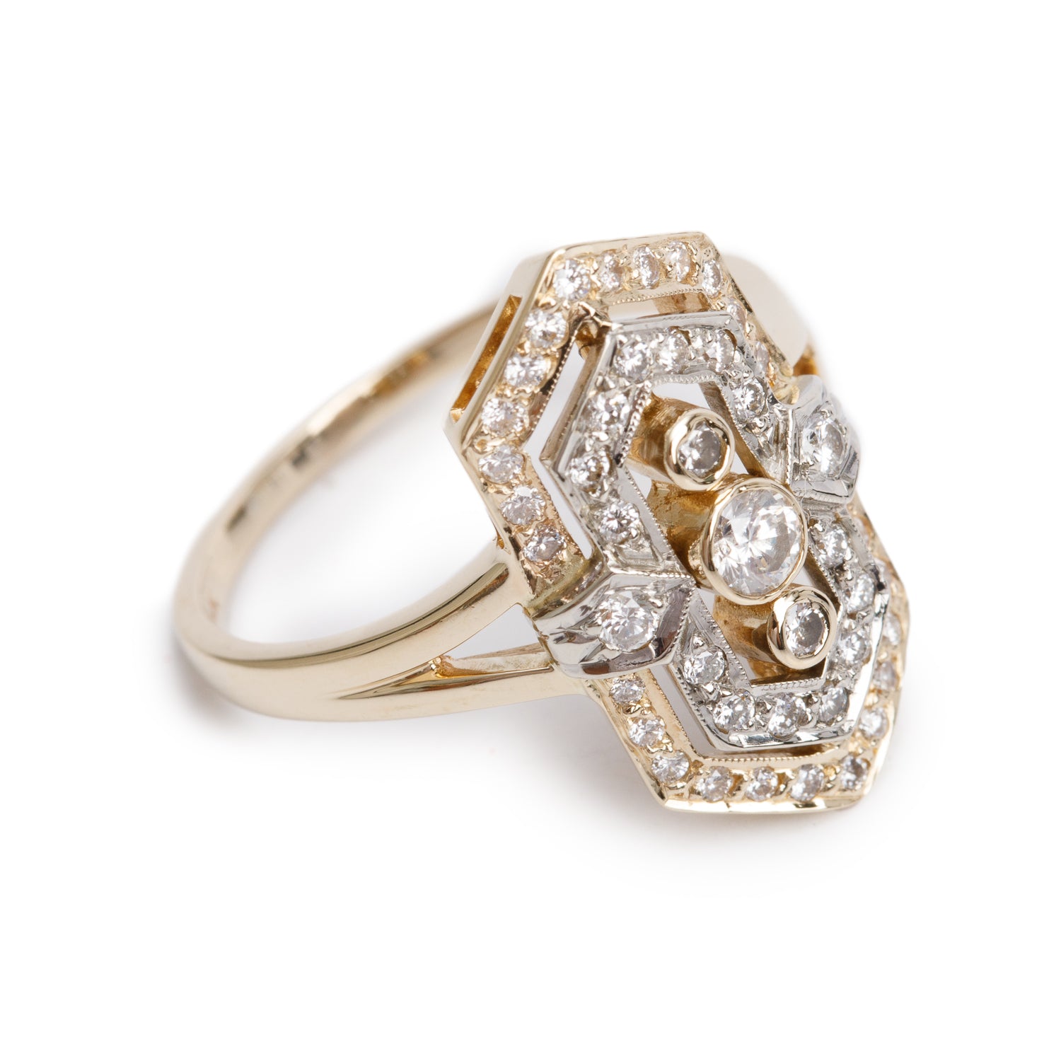14k Yellow and White Gold Diamond Hexagon Top Ring, Size 9