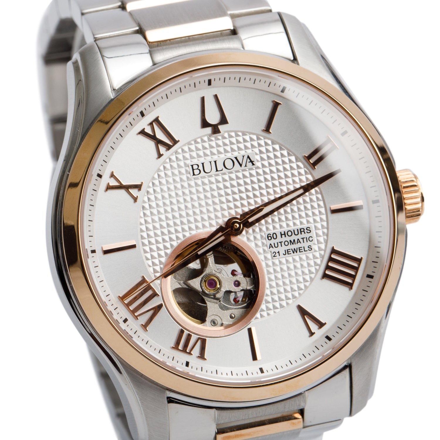 Bulova Stainless Steel & Rose Gold Plated Wilton 42 MM Automatic Watch 98A213 w/ Box & Papers