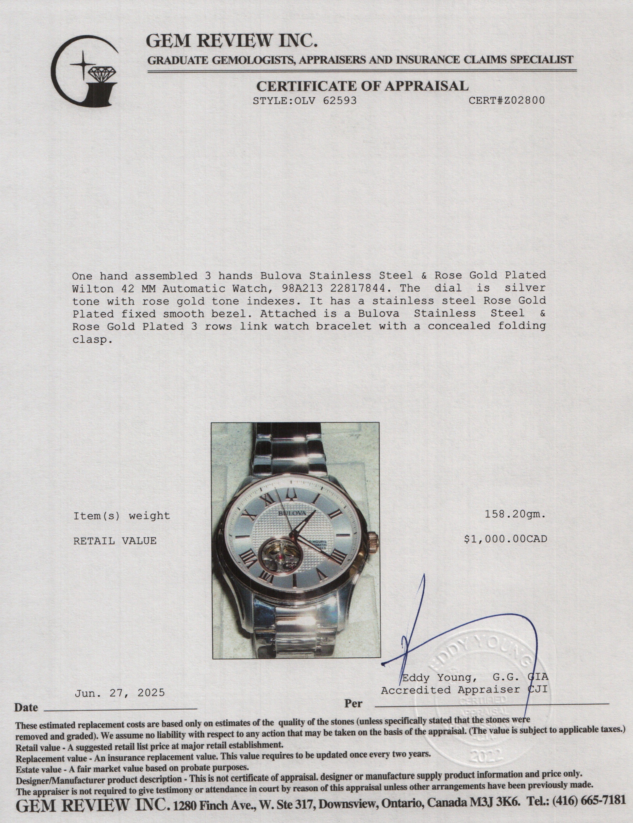 Bulova Stainless Steel & Rose Gold Plated Wilton 42 MM Automatic Watch 98A213 w/ Box & Papers