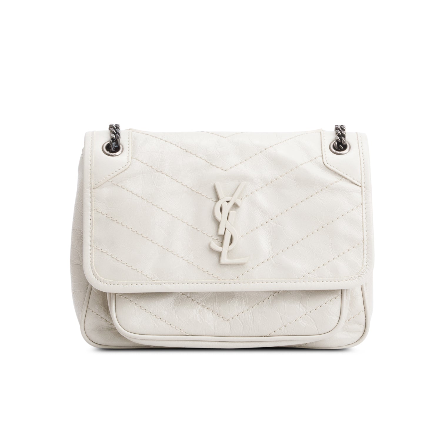Saint Laurent Ivory Crinkled Calfskin Matelasse Leather Baby Niki Chain Satchel
