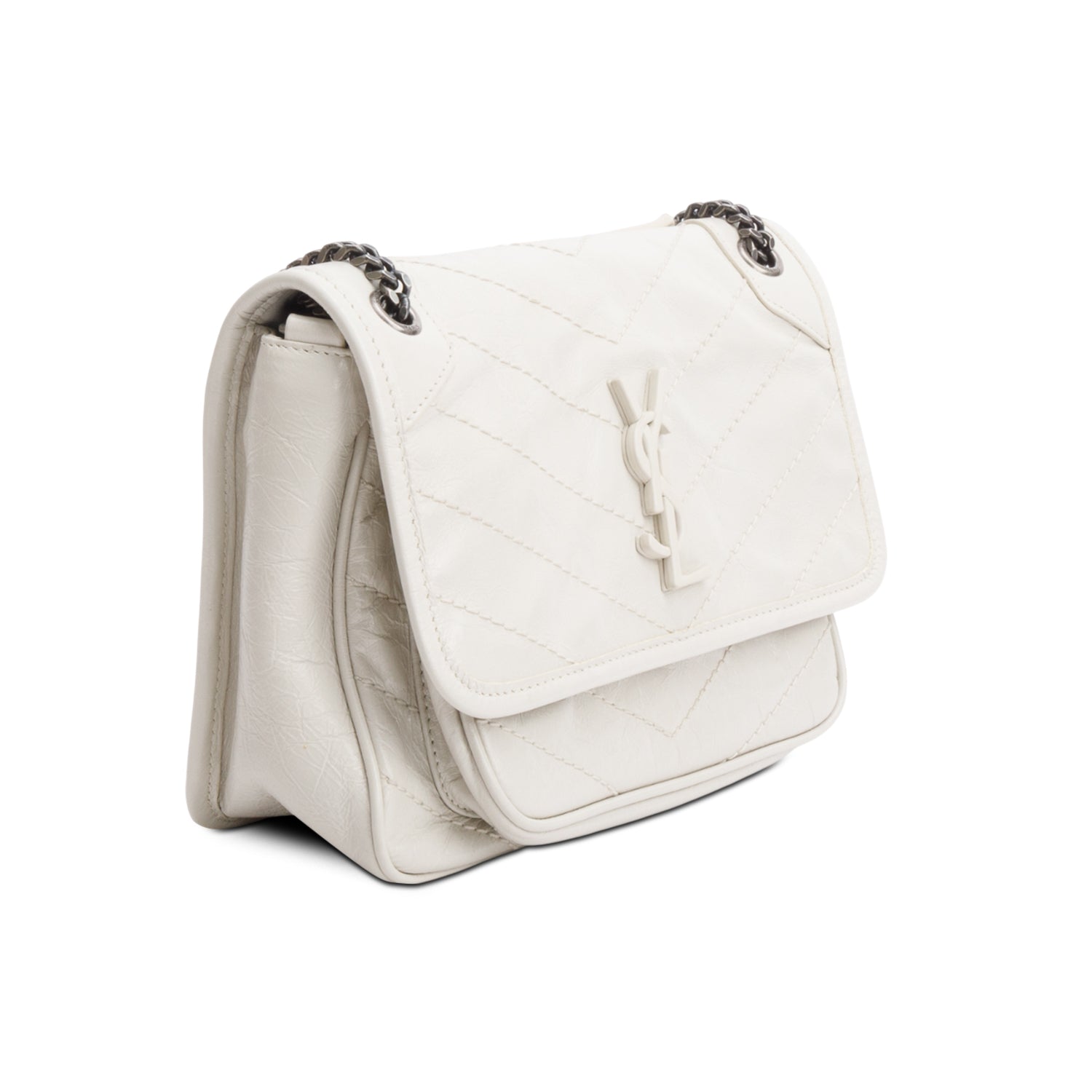 Saint Laurent Ivory Crinkled Calfskin Matelasse Leather Baby Niki Chain Satchel