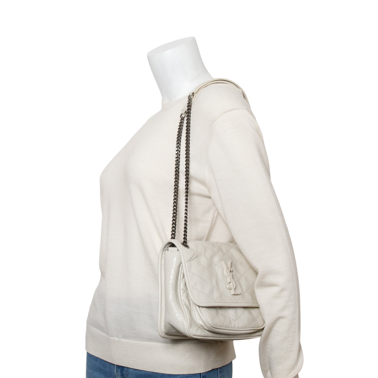 Saint Laurent Ivory Crinkled Calfskin Matelasse Leather Baby Niki Chain Satchel