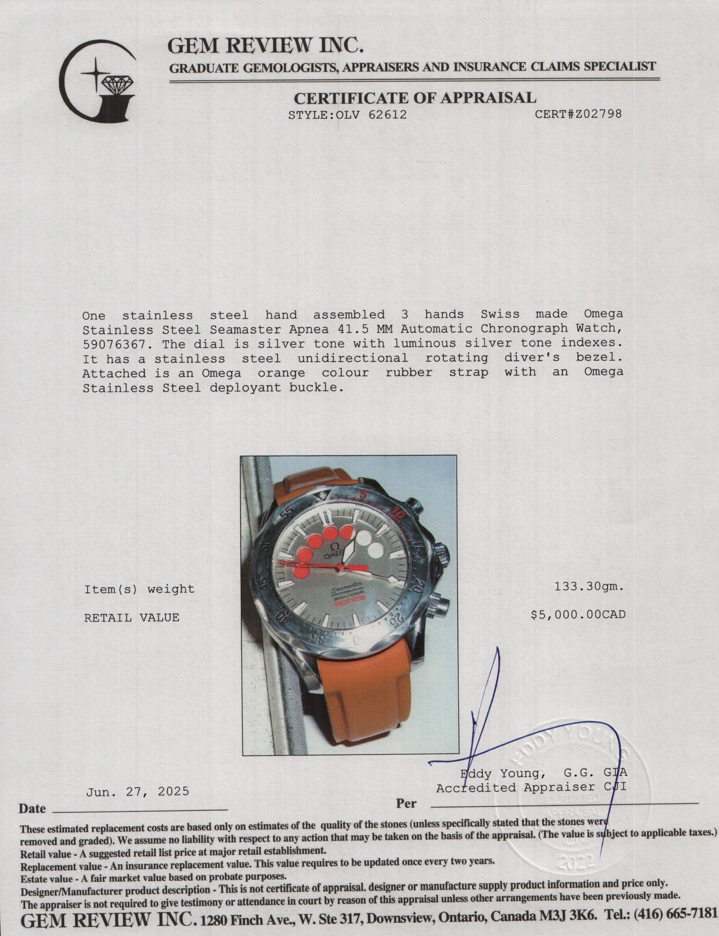 Omega Stainless Steel Seamaster Apnea 41.5 MM Automatic Chronograph Watch w/ Papers